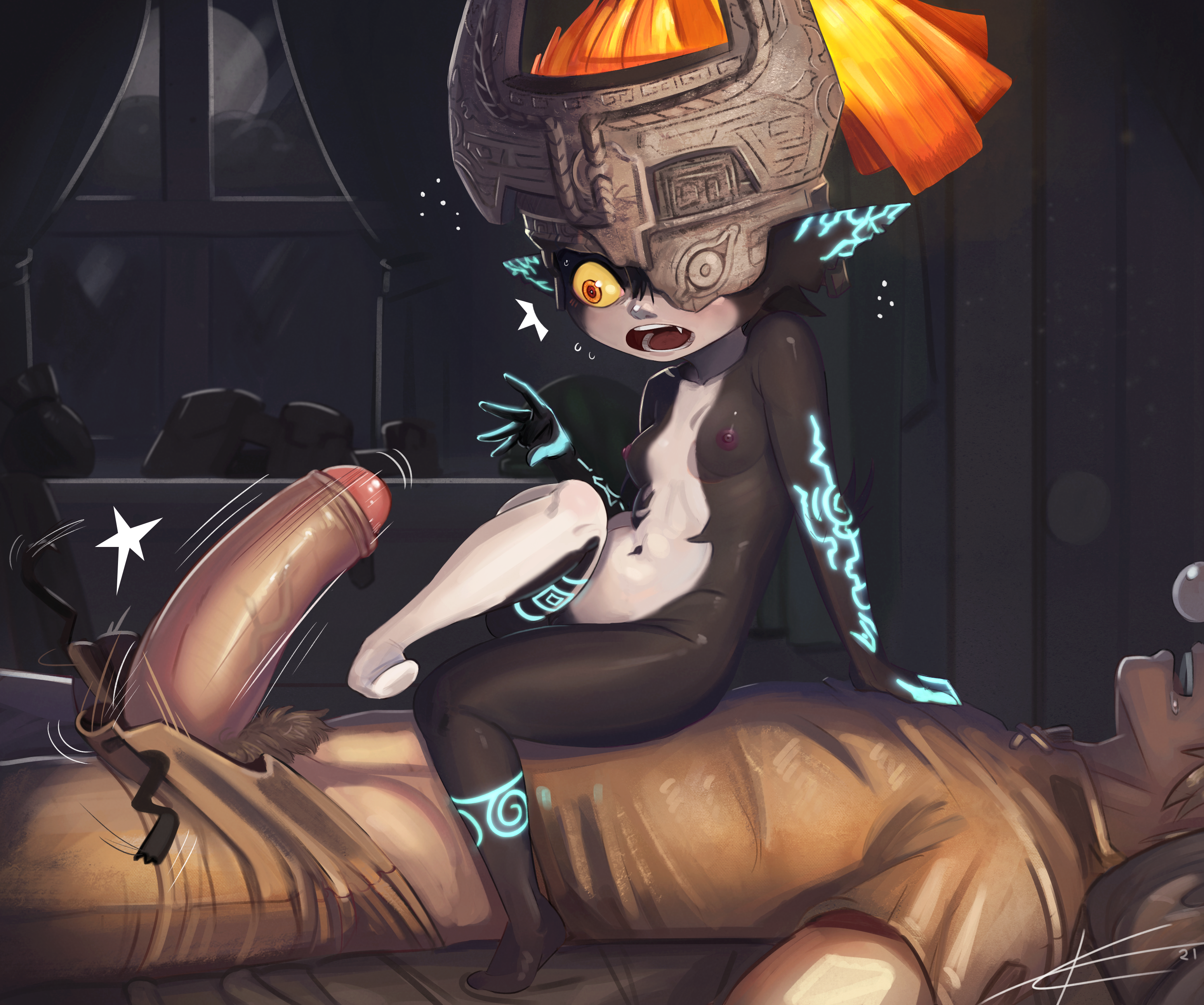 eltonel, link, midna, the legend of zelda, twilight princess, !, 1boy, 1girls, belly, big penis, black body, blush, elf, grey body, helmet, looking at penis, orange hair, pubic hair, pulling down pants, red eyes, sitting, sitting on belly, sitting on person, sleeping, surprised, surprised expression, touching penis, wide hips, wide thighs, yellow sclera, 