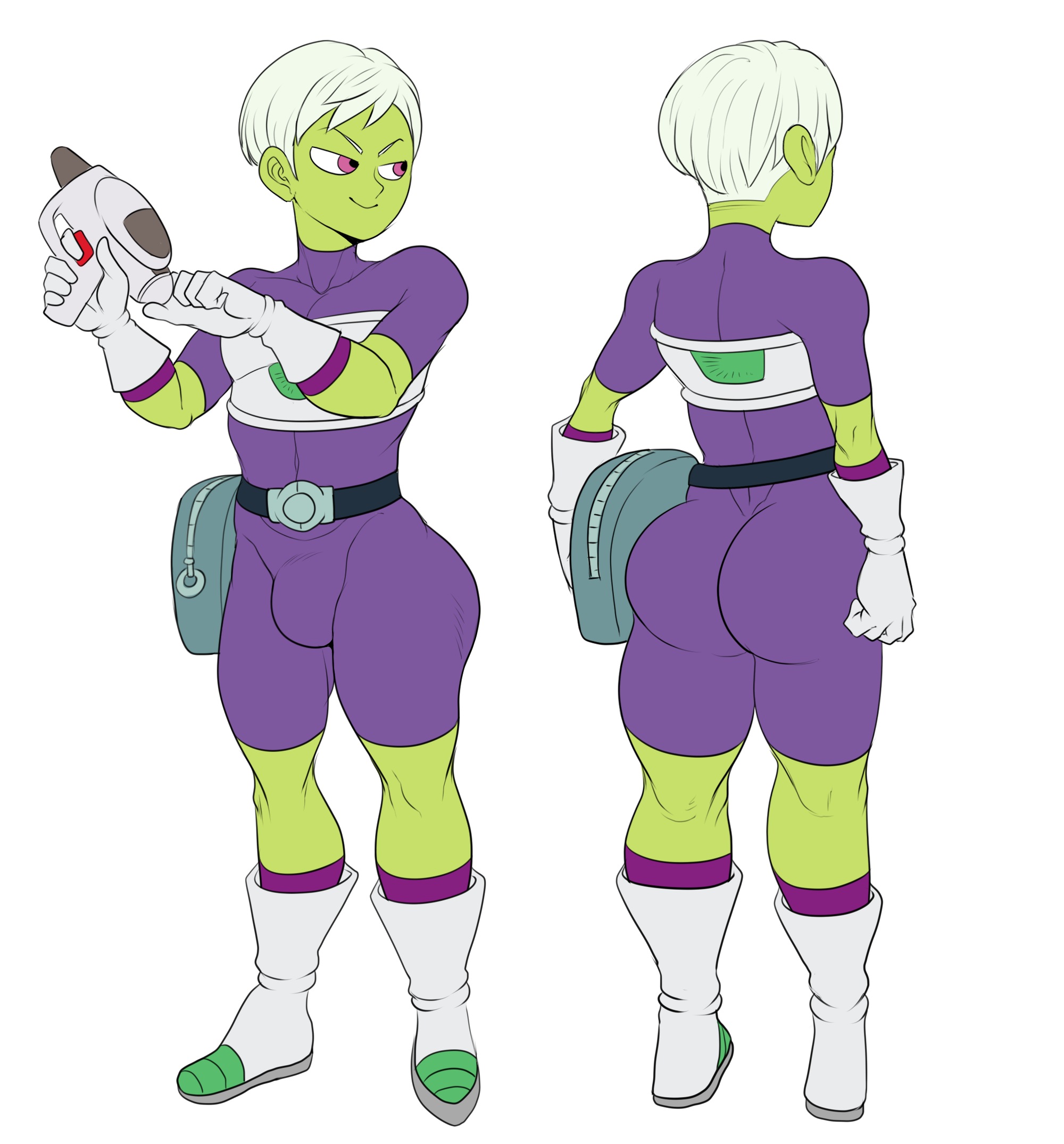 1boy armor ass bag big_ass bodysuit boots character_sheet cheelai detnox dragon_ball dragon_ball_super femboy genderswap genderswap_(ftm) gloves green_skin huge_ass male male_cheelai male_only penis penis_bulge pose posing purple_eyes rule_63 smile smiling solo solo_focus solo_male weapon white_hair