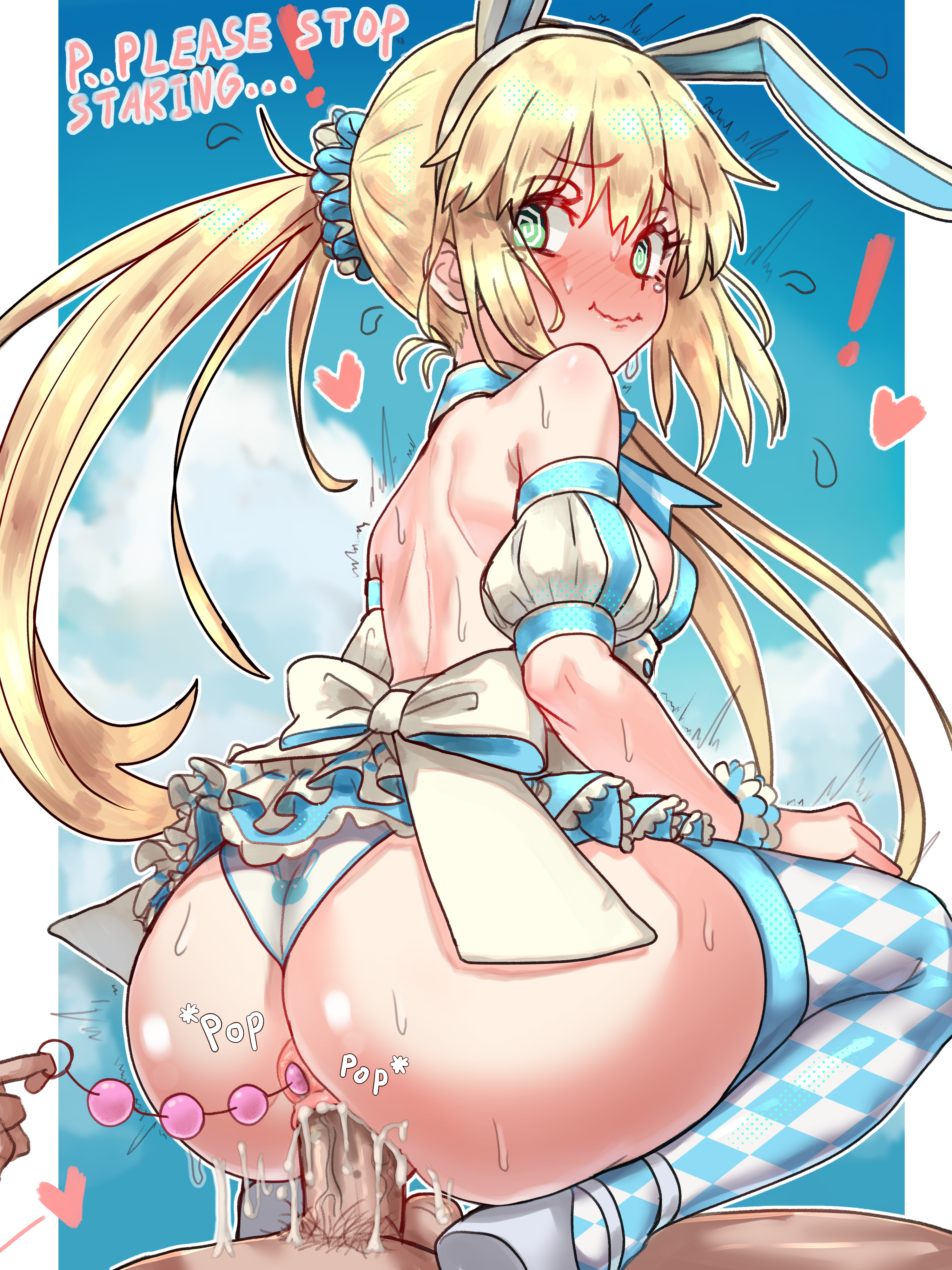! 1boy @_@ absurdres anal anal_beads anal_object_insertion animal_ears artoria_caster_(fate) artoria_caster_(swimsuit_berserker)_(second_ascension)_(fate) artoria_pendragon_(fate) ass bad_link bare_shoulders blonde_hair blue_dress blue_sky blue_thighhighs blurry blurry_background blush breasts checkered_thighhighs closed_mouth clothed_sex cloud cowgirl_position cum cum_in_pussy cum_overflow detached_sleeves dress ebora embarrassed english_text fake_animal_ears fate/grand_order fate_(series) female green_eyes hair_ornament hair_scrunchie heart highres long_hair looking_back male_pubic_hair nervous_smile nervous_sweating object_insertion penis pubic_hair pussy rabbit_ears reverse_cowgirl_position scrunchie sex sex_toy sex_toy_pull short_sleeves sky sleeveless sleeveless_dress small_breasts smile solo_focus squatting_cowgirl_position straddling straight sweat thighhighs thighs twintails two-tone_thighhighs uncensored vaginal_penetration wavy_mouth white_sleeves