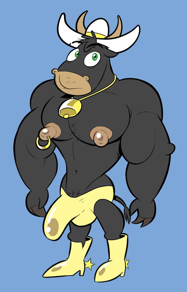 anti dev, 1boy, anthro, big nipples, bovine, bulge, cattle, clothing, fur, furry, furry only, gay, hat, headgear, male, male on male, male only, mammal, muscular, nipple piercing, nipples, penis outline, piercing, solo, underwear, yaoi, 