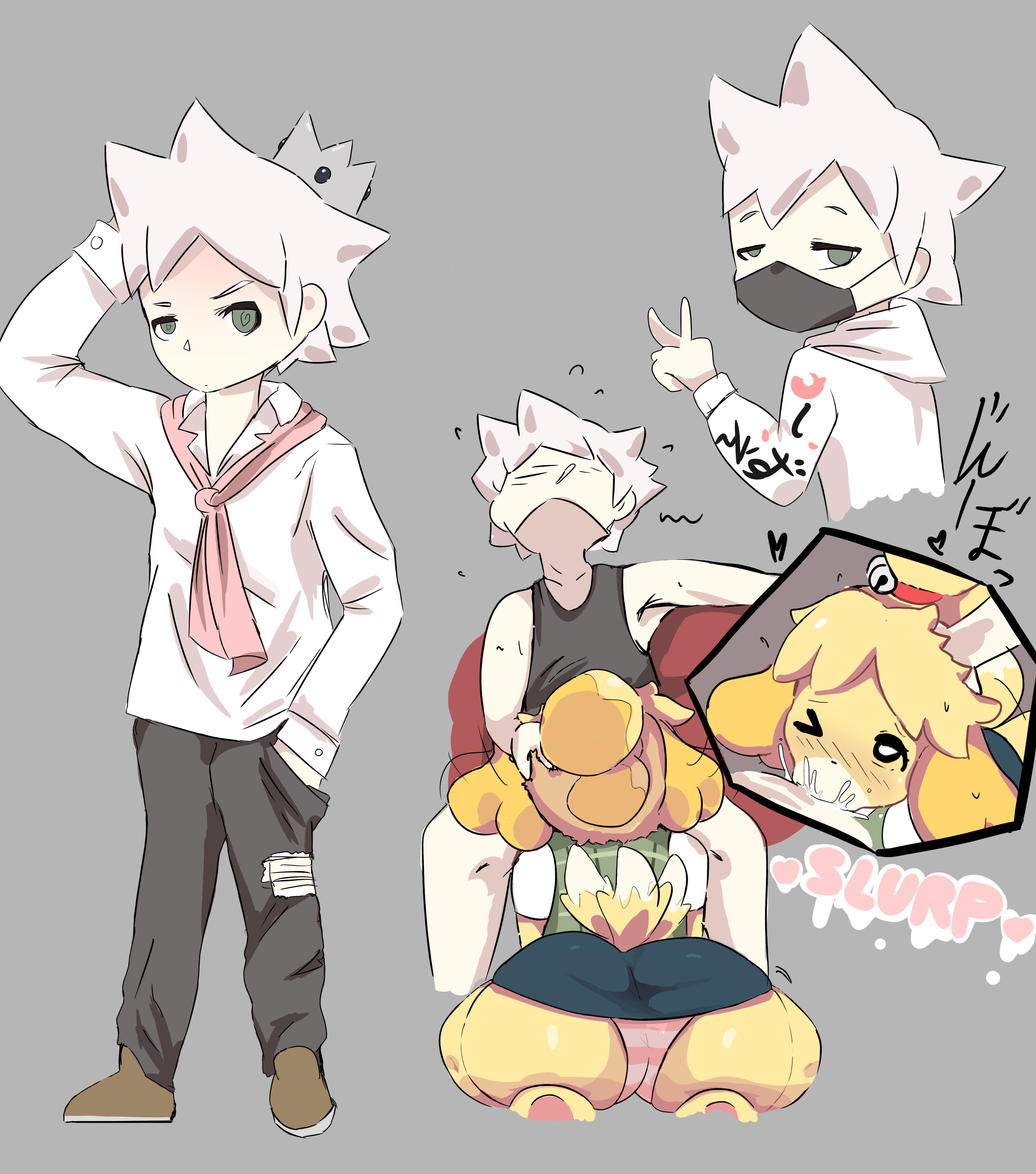 tanuk kun, isabelle (animal crossing), villager (animal crossing), animal crossing, nintendo, absurd res, compression artifacts, grey background, highres, japanese text, multiple angles, simple background, text, translation request, anthro, ass, barefoot, bell, blonde hair, blush, canid, canine, canis, clothing, crown, cum, cum in mouth, cum inside, domestic dog, duo, ejaculation, fellatio, female, footwear, full body, green eyes, hair, half-closed eyes, hand in pocket, heart, hoodie, human, interspecies, jingle bell, kneeling, looking at viewer, looking up, male, mammal, miniskirt, one eye closed, oral, panties, pants, pawpads, rear view, sex, shih tzu, shirt, shoes, short hair, sitting, skirt, spread legs, spreading, standing, straight, tailwag, topknot, underwear, video games, white eyes, white hair, 