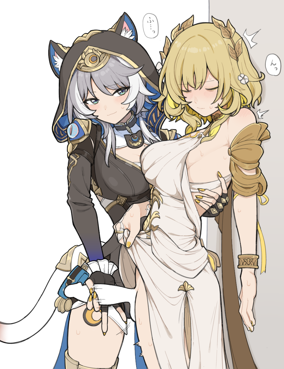 2girls against_wall aglaea_(honkai:_star_rail) ancient_greek_clothes animal_ear_fluff animal_ears assertive_female backless_dress backless_outfit balls bare_shoulders black_choker black_gloves black_hood black_leotard blank_censor blonde_hair blonde_streaks blue_eyes blush bow bracelet breasts brooch cat_brooch cat_ears cat_girl cat_tail censored chest_tattoo choker cipher_(honkai:_star_rail) cleavage closed_eyes closed_mouth clothed_sex clothes_lift commentary_request cowboy_shot dot_nose dress dress_lift ears_through_headwear ears_through_hood erection female fingerless_gloves fingernails flower furrowed_brow futa_with_female futanari gloves gold_bracelet greco-roman_clothes grey_bow grey_hair hair_flower hair_ornament hairbow hand_on_another's_back handjob hell_chihuahua highres hip_vent honkai:_star_rail honkai_(series) hood hood_up hooded_leotard intersex jewelry large_breasts laurel_crown leotard lifting_own_clothes light_frown long_sleeves looking_to_the_side moaning mole mole_on_breast motion_lines multicolored_hair multiple_females multiple_girls nail_polish no_panties nose_blush pendant_choker penis raised_eyebrows short_hair short_hair_with_long_locks sideboob simple_background smirk speech_bubble speed_lines standing streaked_hair sweat tail tail_ornament tattoo testicles thighs translation_request twitching two-tone_hair u_u white_background white_dress white_flower white_streaks white_tail yellow_nails