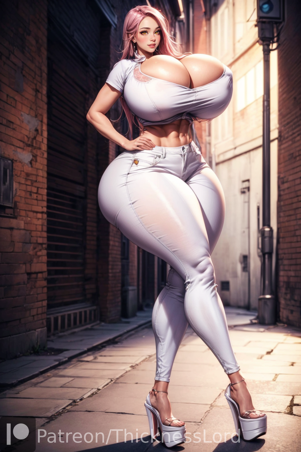 sagiri yuuko, triage x, absurd res, absurdres, hi res, high resolution, highres, 1girls, abs, ai generated, athletic, athletic female, big breasts, breasts, cleavage, curvaceous, curves, curvy, curvy body, curvy female, curvy figure, curvy hips, female, female only, high heels, hourglass figure, huge breasts, jeans, legwear, long legs, massive breasts, massive thighs, pink hair, platform heels, shiny skin, solo, solo female, solo focus, stable diffusion, thick thighs, thicknesslord, voluptuous, voluptuous female, wide hips, yellow eyes, 