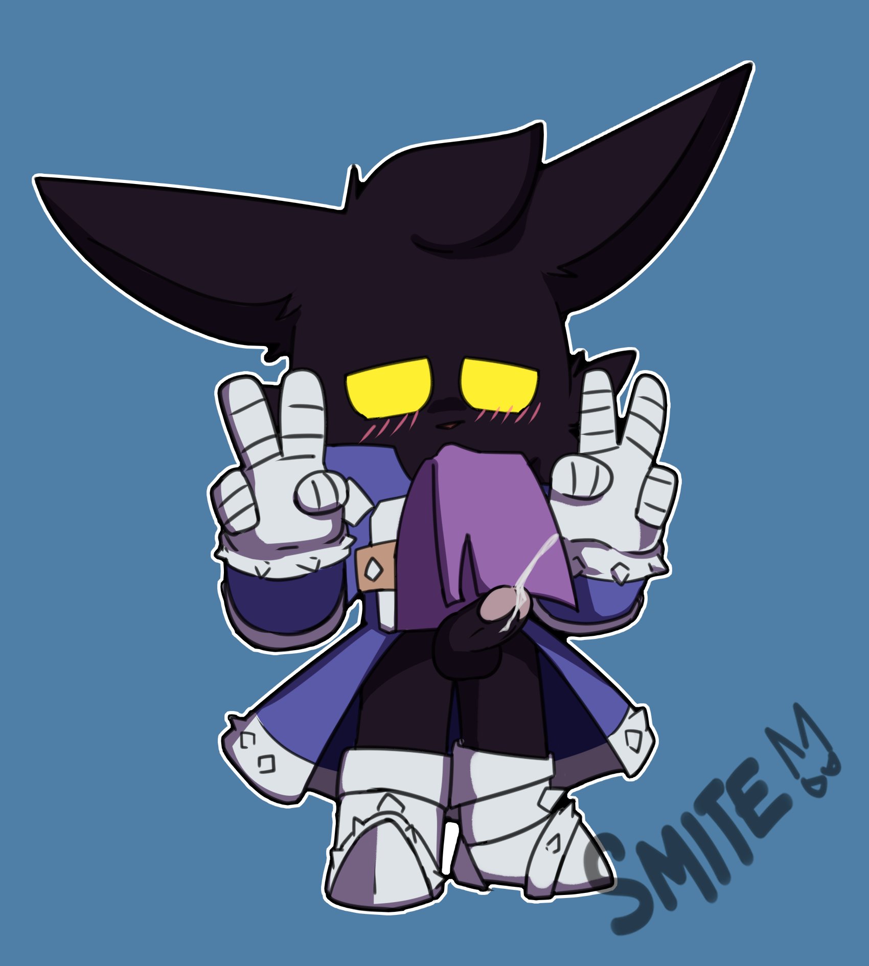 veigar, yordle, league of legends, riot games, hi res, simple background, watermark, anthro, balls, black body, black fur, blush, bodily fluids, clothed, clothing, clothing in mouth, clothing lift, cum, cum on penis, ejaculation, erection, footwear, full-length portrait, fur, genital fluids, genitals, gesture, glans, gloves, half-closed eyes, handwear, male, narrowed eyes, orgasm, pantsless, partially clothed, penis, pink glans, portrait, presenting, shoes, smite (artist), solo, v sign, video games, wizard robe, yellow eyes, 
