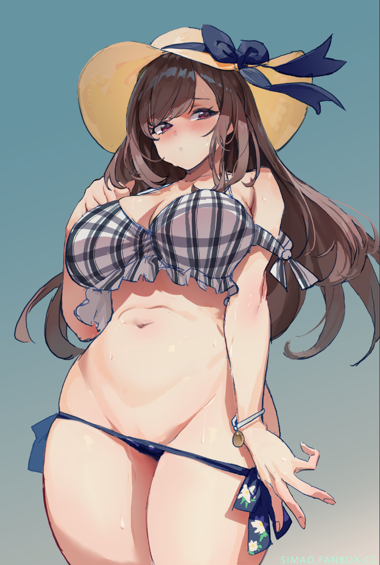 simao (x x36131422), tsukioka kogane, idolmaster, idolmaster shiny colors, big breasts, bikini, blush, brown hair, embarrassed, looking away, sun hat, undressing, 
