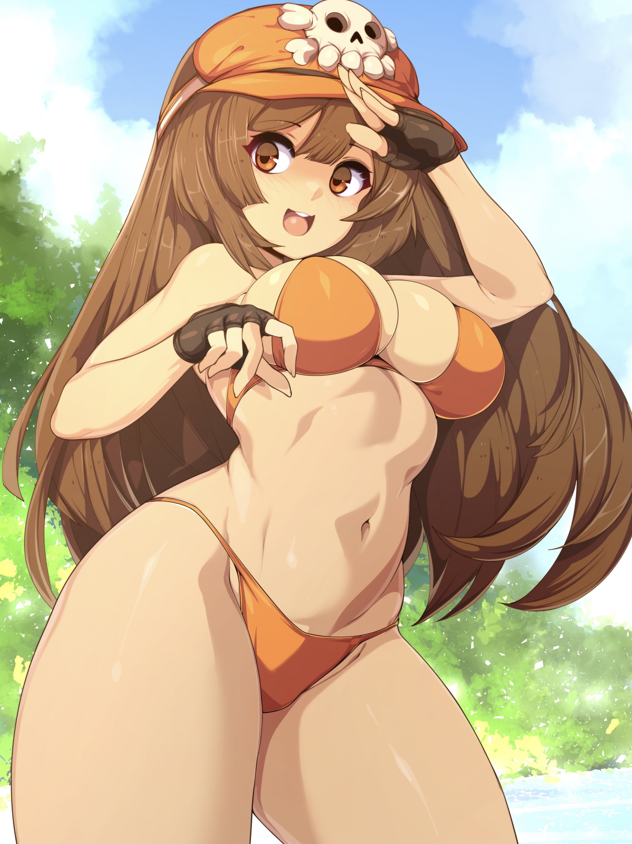 slugbox, may (guilty gear), arc system works, guilty gear, guilty gear strive, hi res, 1girls, 2021, aged up, alternate breast size, bare legs, bikini, blue sky, blush, breasts, brown hair, cleavage, detailed background, female, female focus, female only, fingerless gloves, gloves, hat, highleg bikini, hips, large breasts, long hair, open mouth, orange bikini, orange eyes, orange hat, outdoors, pirate, salute, shiny skin, sideboob, skull and crossbones, slim waist, smile, smiling, sunlight, swimsuit, thick thighs, thighs, toned female, toned stomach, water, wide hips, 