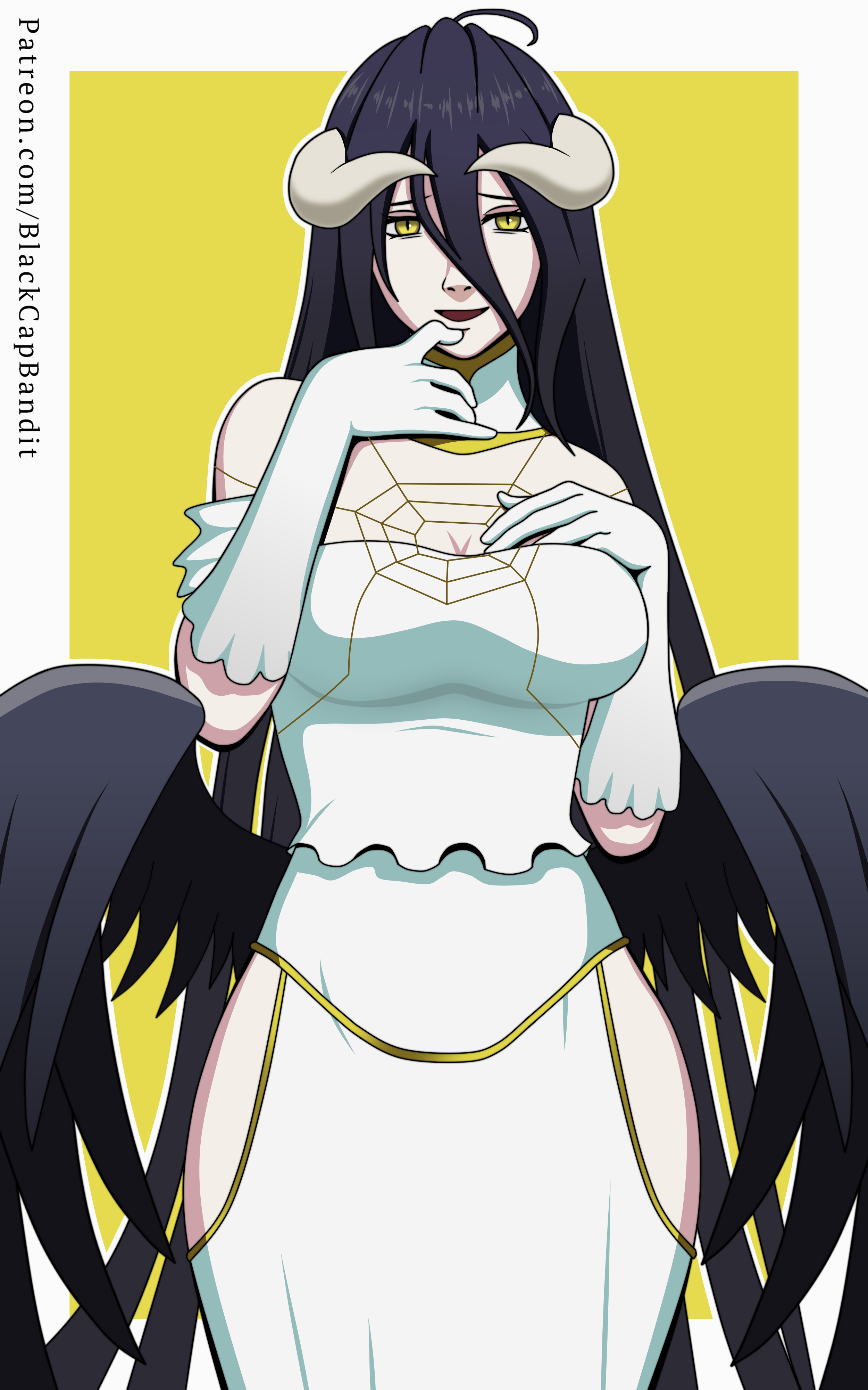 albedo (overlord), overlord (maruyama), anime, dark hair, pinup, succubus, yellow eyes, 