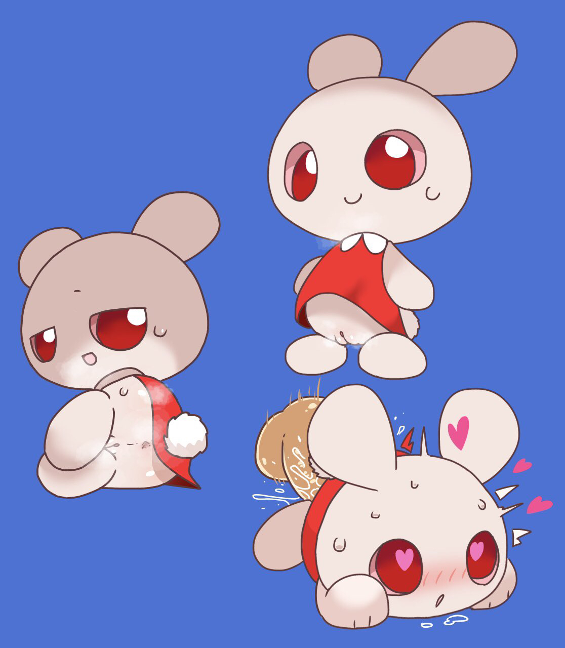 hi res, anus, ass, clothed, clothing, duo, female, genitals, humanoid genitalia, humanoid penis, lagomorph, leporid, looking at viewer, looking pleasured, male, male/female, mammal, penetration, penis, pink body, presenting, presenting anus, presenting pussy, pussy, rabbit, rear view, red eyes, semi-anthro, size difference, smaller female, smaller penetrated, 