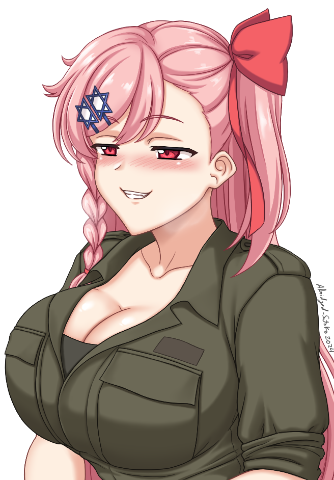 1girls abridged-satoko big_breasts breasts cleavage cleavage_cutout female girls'_frontline military_uniform negev_(girls'_frontline) pink_hair red_eyes