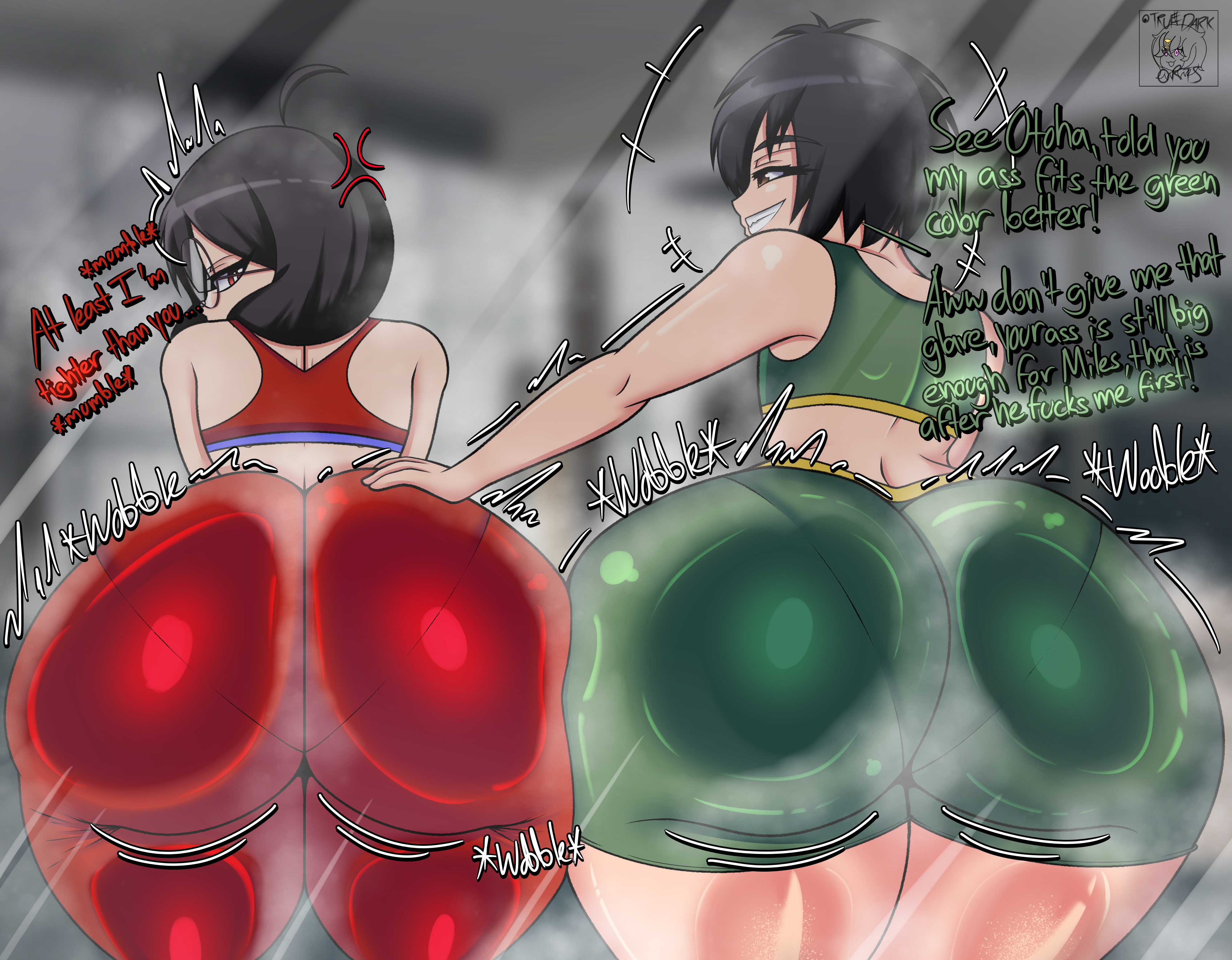 2girls absurd_res against_glass against_surface angry angry_expression angry_face angry_vein ass ass_against_glass ass_bigger_than_head ass_focus big_ass black_hair brown_eyes clothed clothed_female clothing duo female female/female female_focus female_only glasses grabbing grabbing_another's_ass grabbing_ass grabbing_from_behind gym gym_clothes gym_shorts gym_uniform hi_res highres huge_ass indoors inside jiggle jiggling_ass large_ass laugh light-skinned_female light_skin long_hair looking_at_viewer looking_back marvel marvel_comics motion_lines musk musk_clouds musky_butt okutamiya_otoha onomatopoeia open_mouth peni_parker public public_exposure rear_view red_eyes short_hair simple_background smile smiling sound_effects spider-man:_into_the_spider-verse spider-man:_octo-girl spider-man_(series) sweat sweating sweaty sweaty_ass sweaty_body tagme text thick_thighs thighs truedarkorts uncensored voluptuous watermark wide_hips wobbling_ass yoga yoga_pants