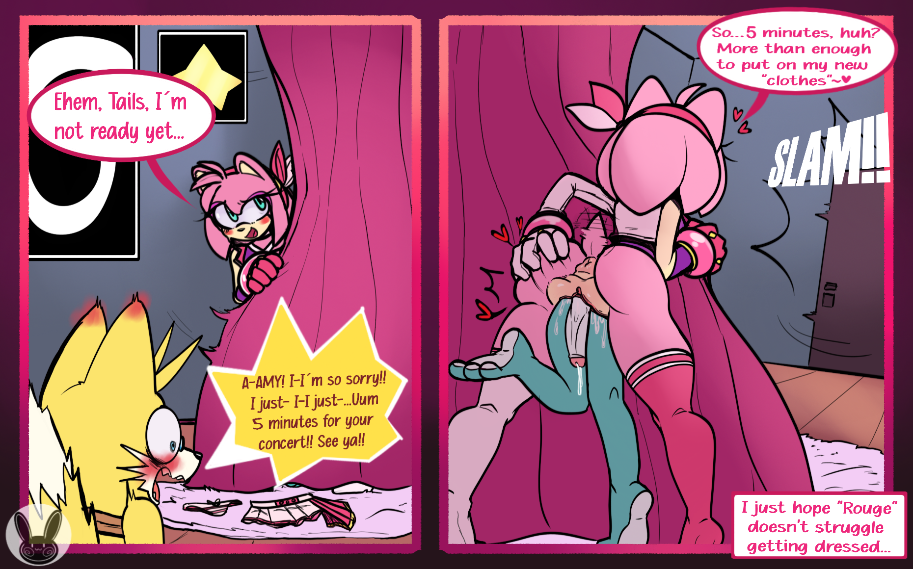 2024 amy_rose anthro anus ass blonde_hair blush bodily_fluids canid canine clothing curtains dialogue discarded_clothing disguise dripping english_text eulipotyphlan female fox fur genital_fluids genitals gloves group hair handwear heart_symbol hedgehog hi_res lagomorph legwear leporid male male/female mammal multicolored_body multicolored_fur penis pink_body pink_clothing pink_fur pink_gloves pink_hair pink_handwear pink_legwear pink_thigh_highs possession precum precum_drip pussy rabbit reiki_arts sega skinsuit sonic_(series) sonic_the_hedgehog_(series) speech_bubble spread_ass spread_butt spreading tail tail_motion tails tails_the_fox tailwag teal_body teal_fur text thigh_highs trio two-tone_body two-tone_fur unbirthing vaginal_penetration vore white_body white_clothing white_fur white_legwear white_thigh_highs yellow_body yellow_fur