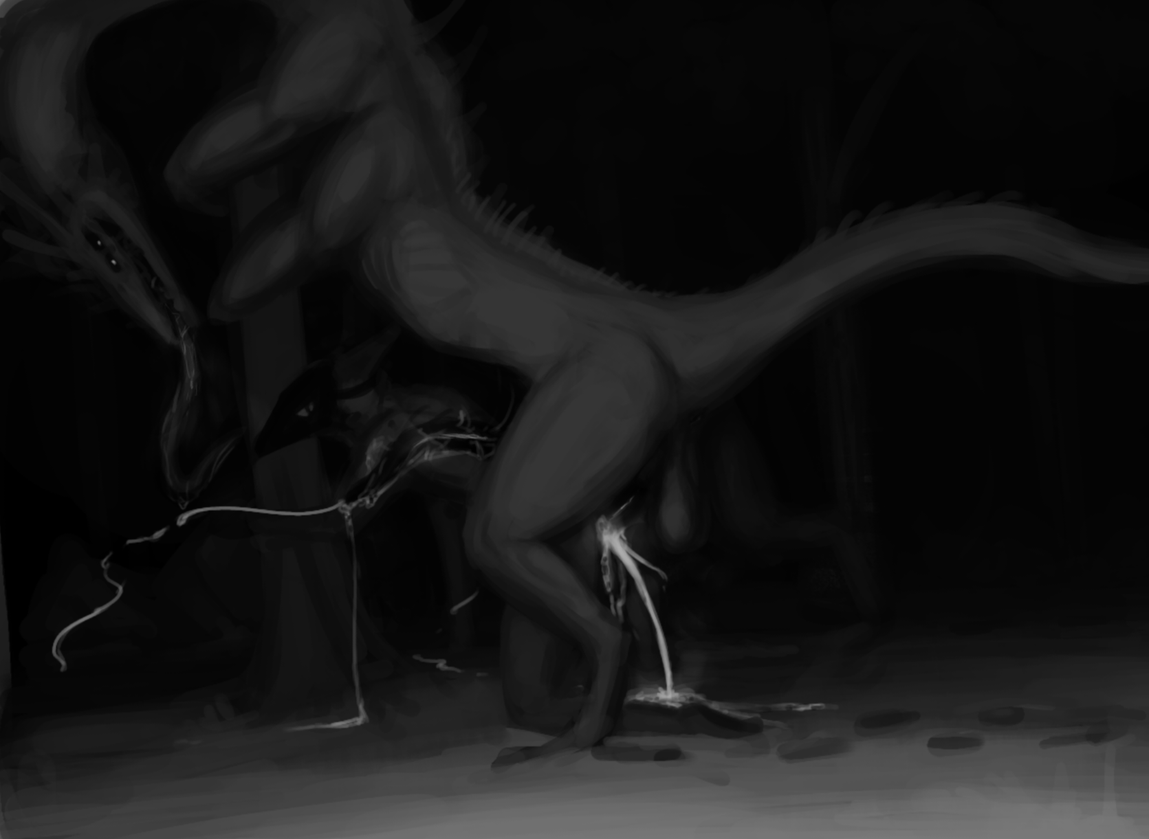 2_penises 4_arms anthro ass avian backsack balls beak bodily_fluids corvidtree cum cum_in_ass cum_inside cumshot deep_penetration dragon duo ejaculation excessive_cum excessive_genital_fluids feral feral_penetrating genital_fluids genitals hi_res male male/male male_penetrated monochrome monster multi_arm multi_genitalia multi_limb multi_penis mythological_creature mythological_scalie mythology penetration penis saliva scalie sex size_difference tail tongue tongue_out