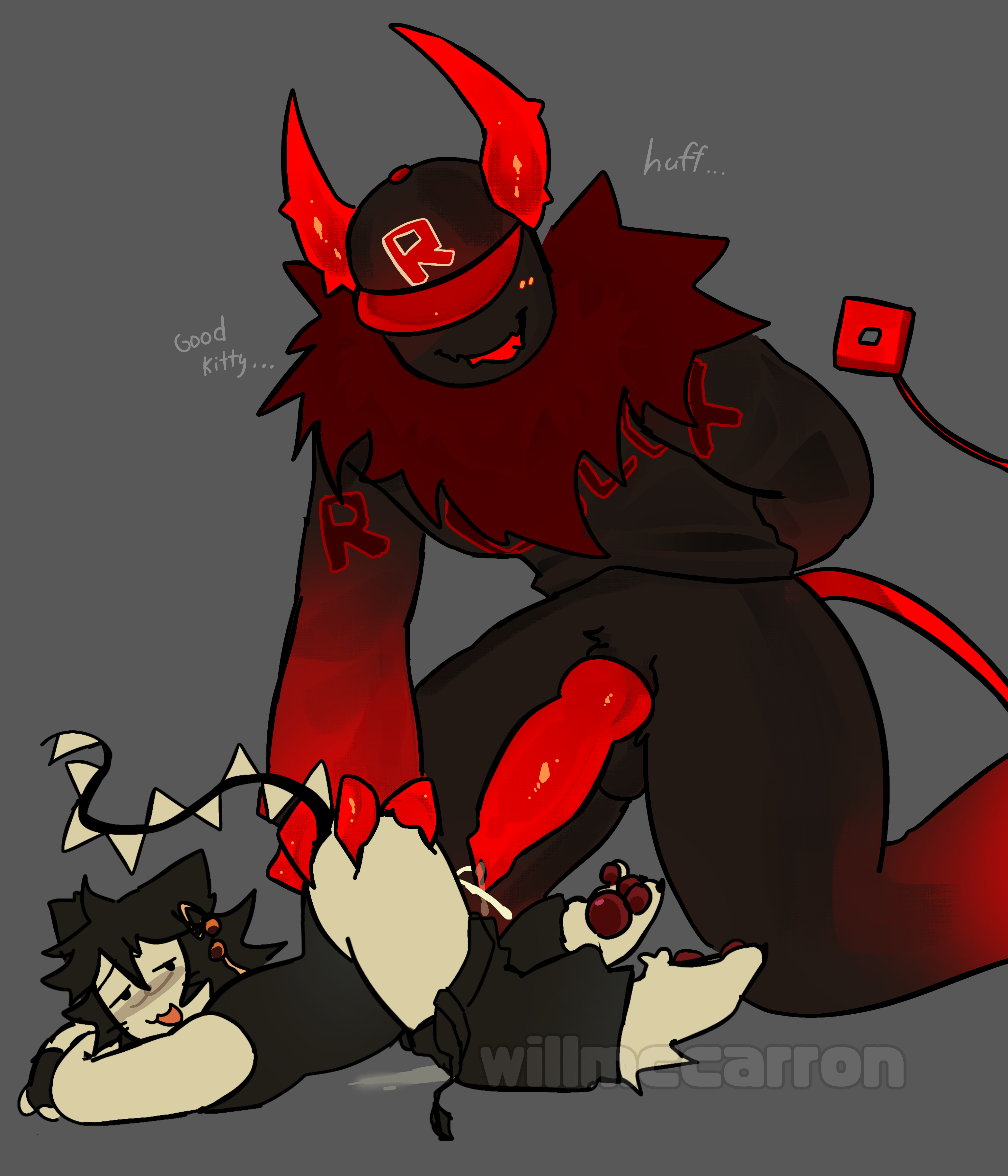 2_horns 4_fingers :3 absurd_res after_sex ambiguous_gender animal_genitalia animal_humanoid animal_penis anthro ass ass_up big_dom_small_sub big_penis black_body black_bottomwear black_clothing black_fur black_hair black_pants black_topwear black_vest bodily_fluids bottomwear butt_grab canine_genitalia canine_penis cat_humanoid clothing cum cum_on_ground demon dominant duo erection fangs felid felid_humanoid feline feline_humanoid fingers forsaken_(roblox) fur genital_fluids genitals grey_background guest_666_(forsaken) hair hand_on_butt hat hat_only headgear headgear_only headwear headwear_only hi_res horn humanoid knot long_tail male male/ambiguous mammal mammal_humanoid mostly_nude neck_tuft nonbinary_(lore) official_alternate_costume pants penis red_body red_fur red_horn red_penis red_tail roblox simple_background size_difference tail teeth topwear tuft two_time_(forsaken) unknown_species vest willmccarron