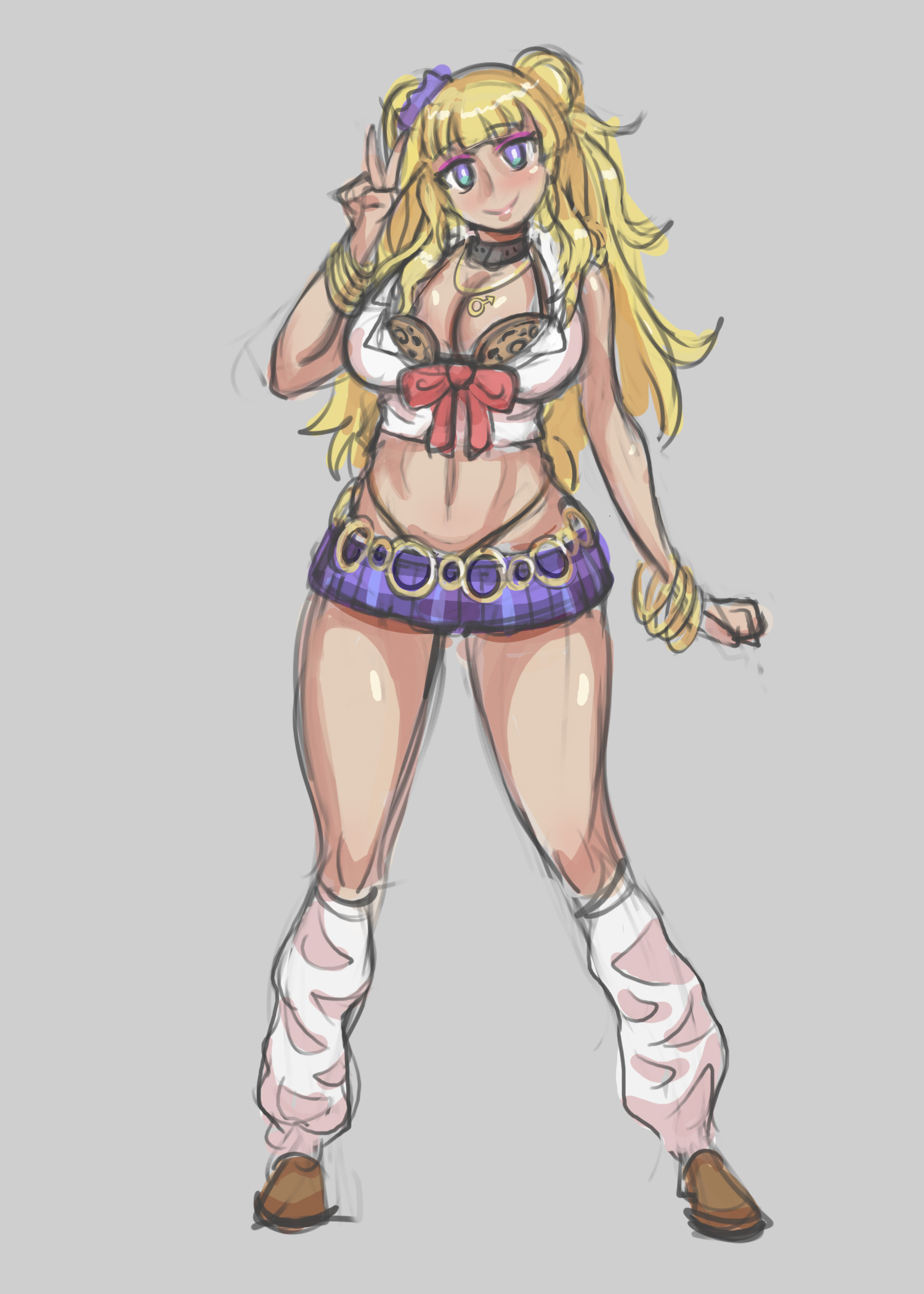 blackingyourwaifu, galko, oshiete! galko-chan, blonde hair, blue eyes, breasts, collar, female, gal, gesture, gyaru, large breasts, legs, long hair, makeup, side ponytail, skirt, socks, standing, thighs, thong, v, 