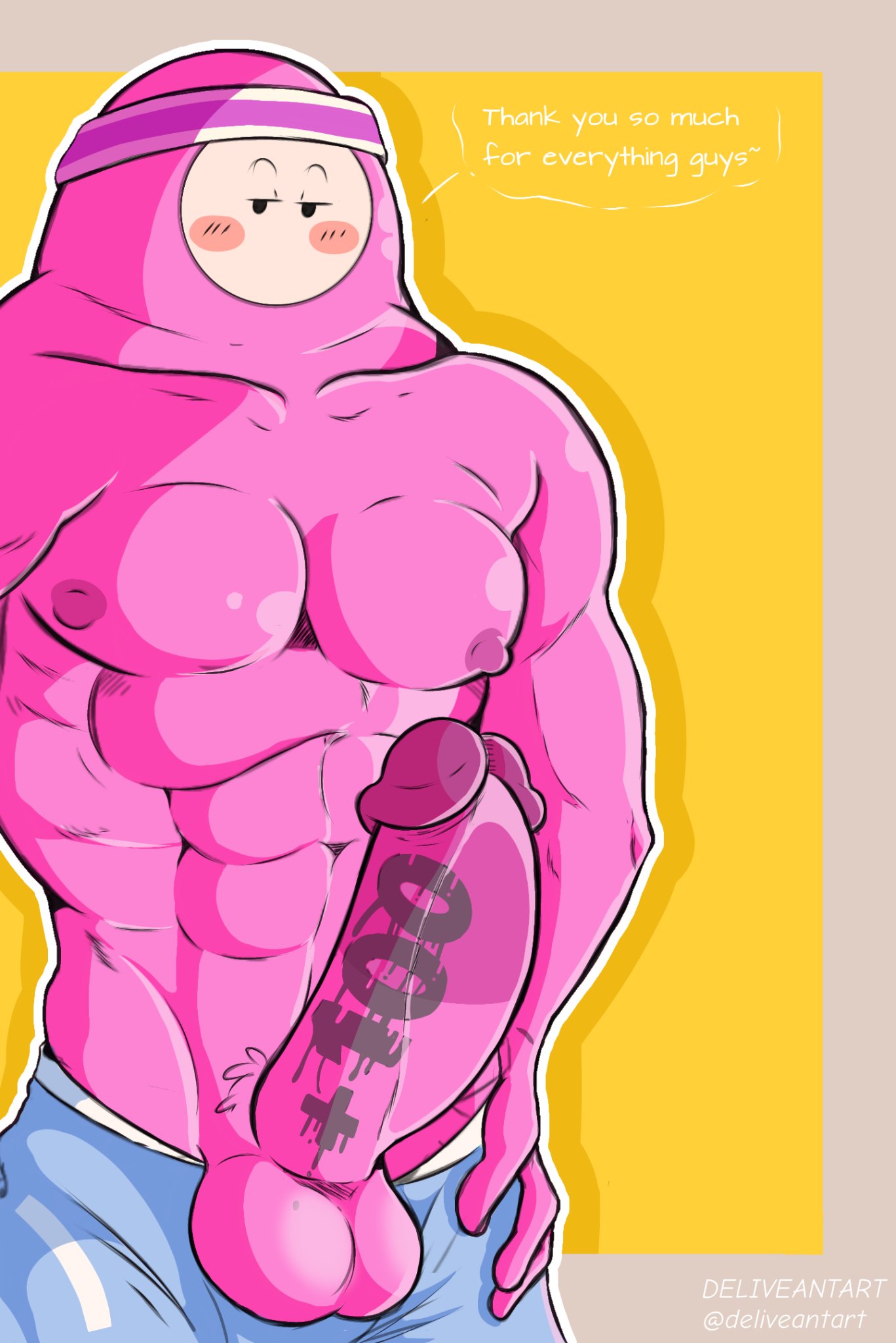 2020, english text, hi res, simple background, text, abs, balls, big muscles, big penis, blush, clothed, clothing, deliveant, dialogue, erection, eyebrows, fall guy, fall guys, genitals, glans, humanoid, humanoid genitalia, humanoid penis, looking at viewer, male, mouthless, muscular, muscular humanoid, muscular male, narrowed eyes, nipples, noseless, pecs, penis, pink balls, pink body, pink penis, pubes, purple glans, purple nipples, raised eyebrows, solo, standing, topless, 