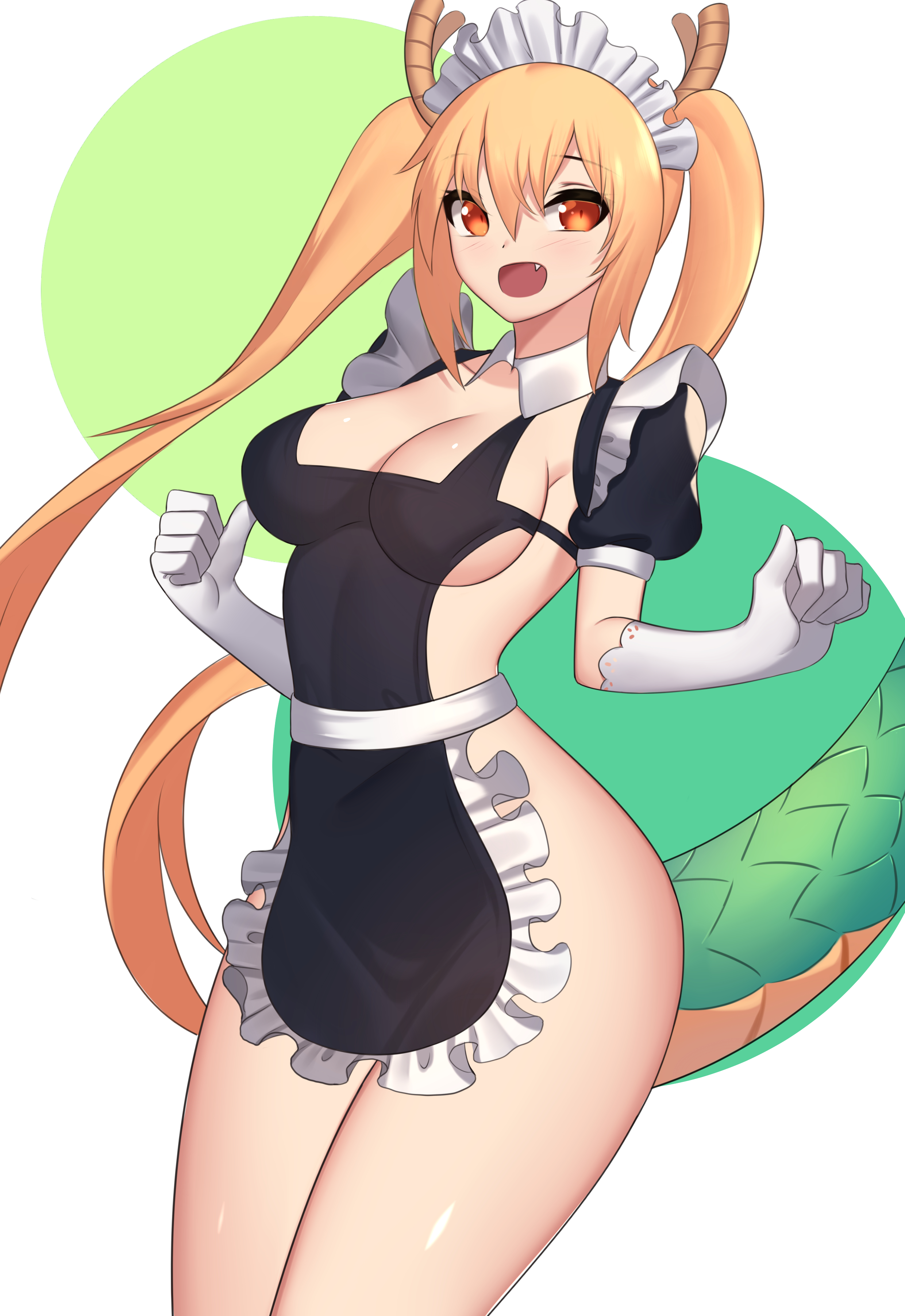 tohru (dragon maid), tagme, 1girls, apron, big breasts, cleavage, clothed, clothing, dragon, dragon horns, dragon tail, elbow gloves, female, female only, gloves, horn, horns, maid, maid apron, maid headdress, no bra, no panties, orange hair, pigtails, solo, tail, twintails, 