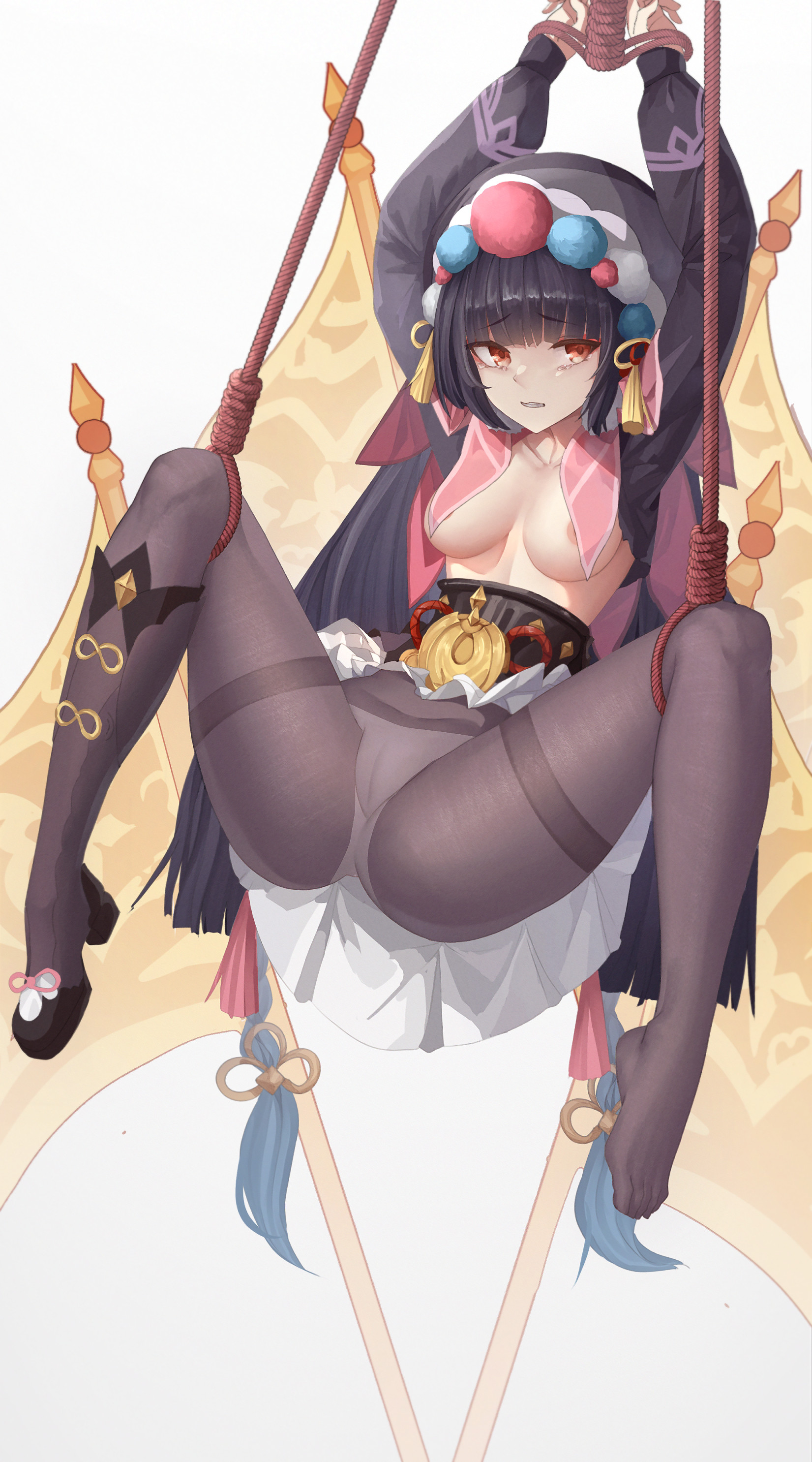 absurd res, hi res, highres, white background, 1girls, abs, areola, areolae, arms up, ass, bangs, bdsm, bkyuuc, black hair, black leggings, black legwear, black pantyhose, bondage, breasts, butt, clenched teeth, collarbone, feet, female, genshin impact, hands tied, leggings, legs apart, legs spread, legs up, looking at viewer, midriff, pantyhose, pussy lips, restrained, rope, rope bondage, see-through, see-through clothing, small breasts, solo, spread legs, tears, teeth clenched, thick, thick ass, thick thighs, thighs, tied hands, toes, underboob, white panties, yunjin (genshin impact), 