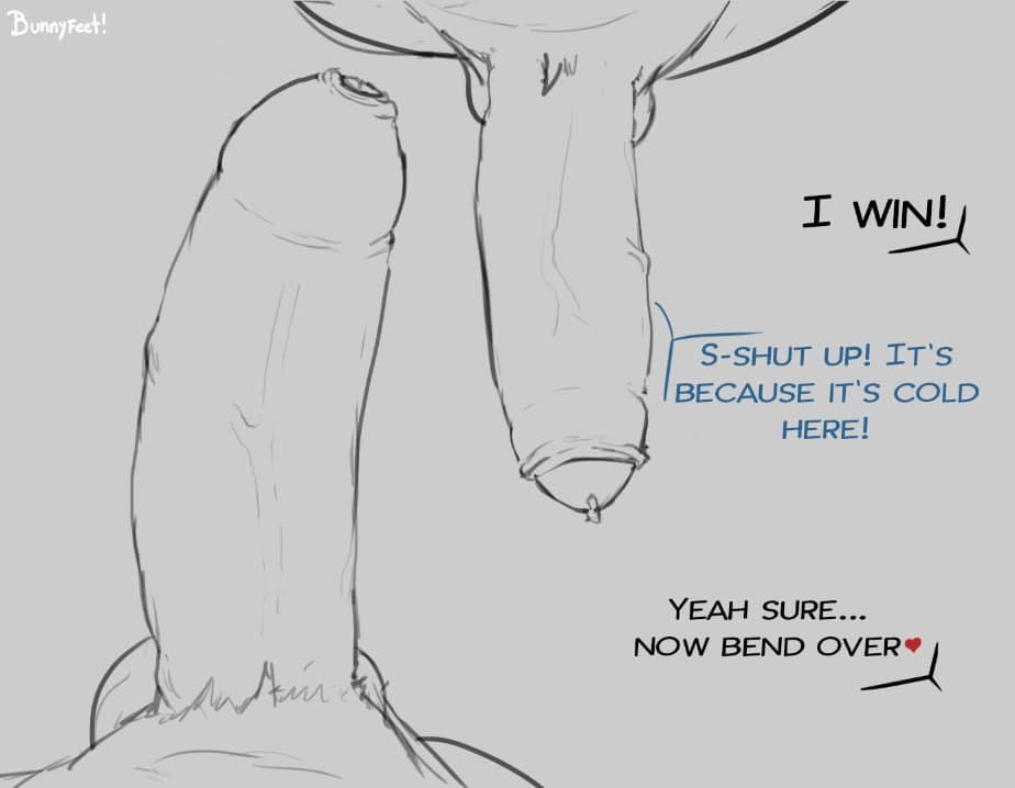 bunnyfeet, comic, english text, text, balls, big penis, comparing, comparing penis, foreskin, genitals, humanoid genitalia, humanoid penis, male, male/male, penis, penis size difference, uncut, 