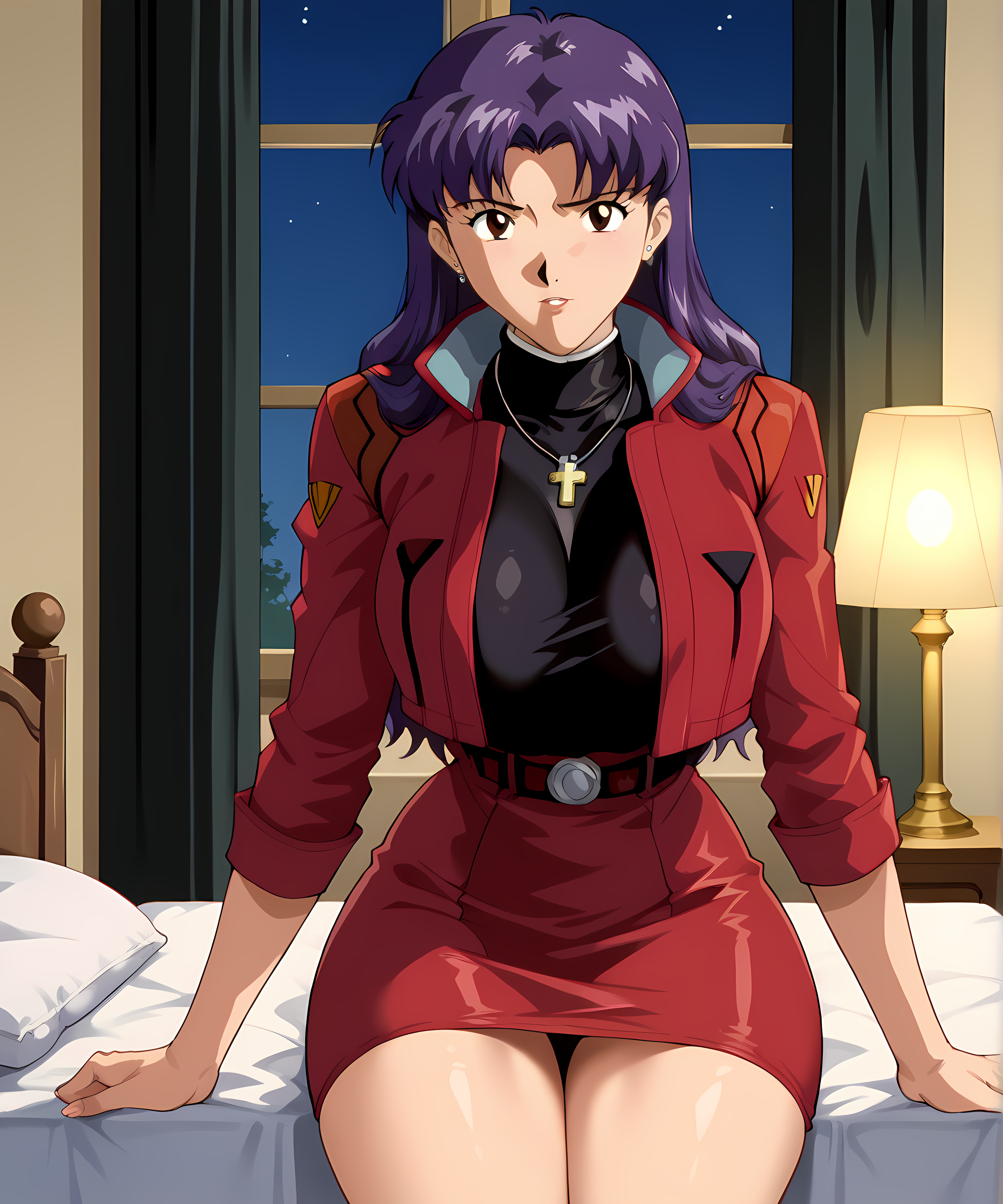 misato katsuragi, neon genesis evangelion, ai generated, bed, bedroom, bedroom setting, belt, belt buckle, big ass, big breasts, big butt, black shirt, brown eyes, clothed, clothing, cross necklace, curves, curvy, curvy female, curvy figure, desk, female, female focus, female only, focus, furniture, jewelry, lamp, large breasts, lipstick, long hair, long legs, necklace, purple hair, red jacket, red skirt, retair18, sexy pose, short skirt, skirt, wide hips, window, 