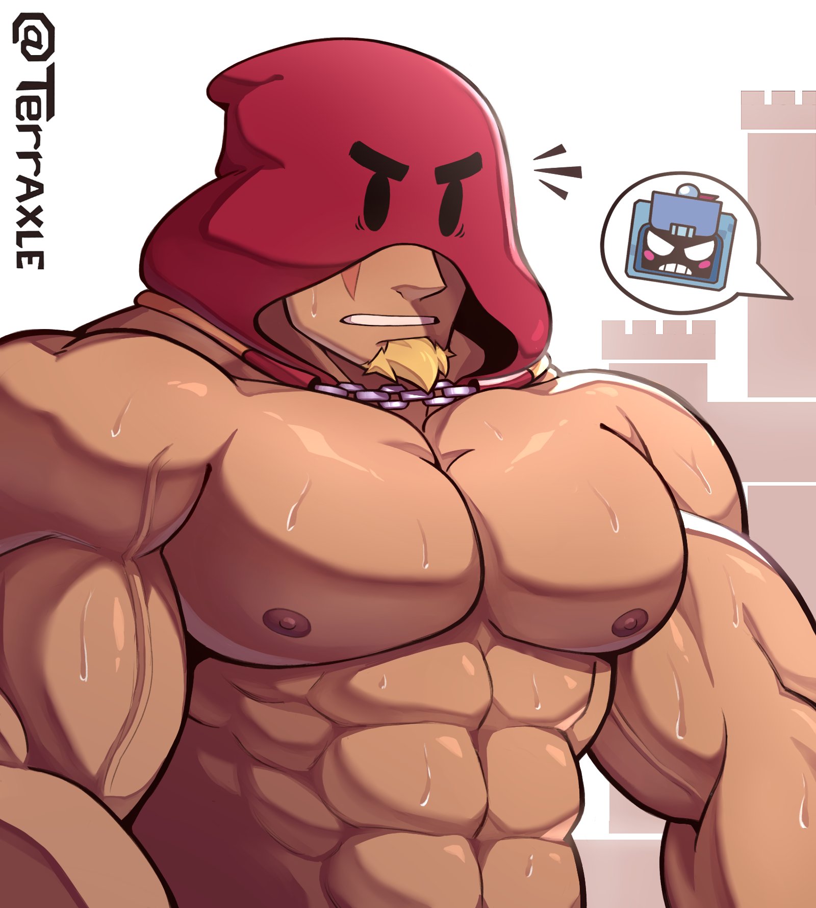 brawl stars, bara, big muscles, gay, grom (brawl stars), muscular male, nipples, pectorals, 