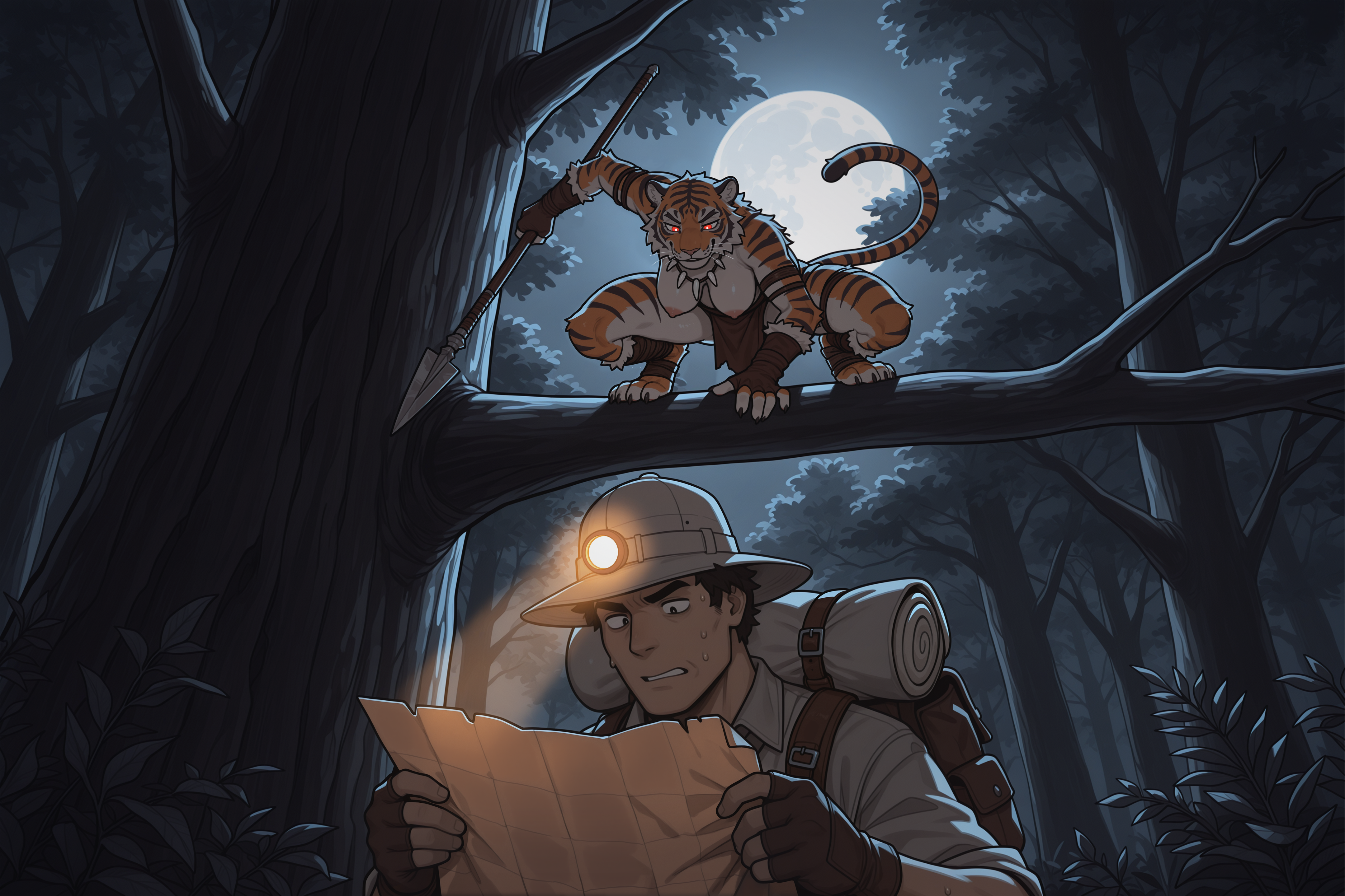 4_toes 5_fingers absurd_res ai_generated anthro armband armor armwear backpack big_breasts black_hair bodily_fluids bottomwear branch breasts brown_clothing brown_gloves brown_handwear claws clothed clothed_human clothed_male clothing countershading crouching dark_theme detailed detailed_background digitigrade duo explorer feet felid female female_anthro fighting_pose fingerless_gloves fingers flashlight forest full_moon fur fur_trim furry gloves glowing glowing_eyes hair handwear hanging_breasts hat headgear headlamp headwear helmet hi_res holding_map holding_object holding_weapon human imminent_attack lamp legband legwear light light_body light_skin loincloth looking_down male male/female male_human mammal map markings melee_weapon moon moonlight multicolored_body multicolored_fur muscular muscular_anthro nature nature_background nervous_sweat night orange_body orange_fur outside pantherine paws pith_helmet plant plantigrade polearm pose red_eyes shirt sitting_on_branch sky smug spear striped_body striped_fur striped_markings striped_tail stripes sweat sweatdrop tail tail_markings tan_body teeth thighband tiger toe_claws toes tooth_necklace topless topwear tree tribal tuft weapon white_body white_clothing white_fur wraps