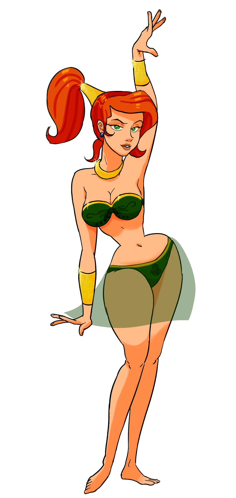 1girls belly_dancer belly_dancer_outfit ben_10 cartoon_network cryingcthulhu dancer digital_art female gold_jewelry green_bikini gwen_tennyson gwen_tennyson_(classic) harem_girls_(aladdin)_(cosplay) ponytail