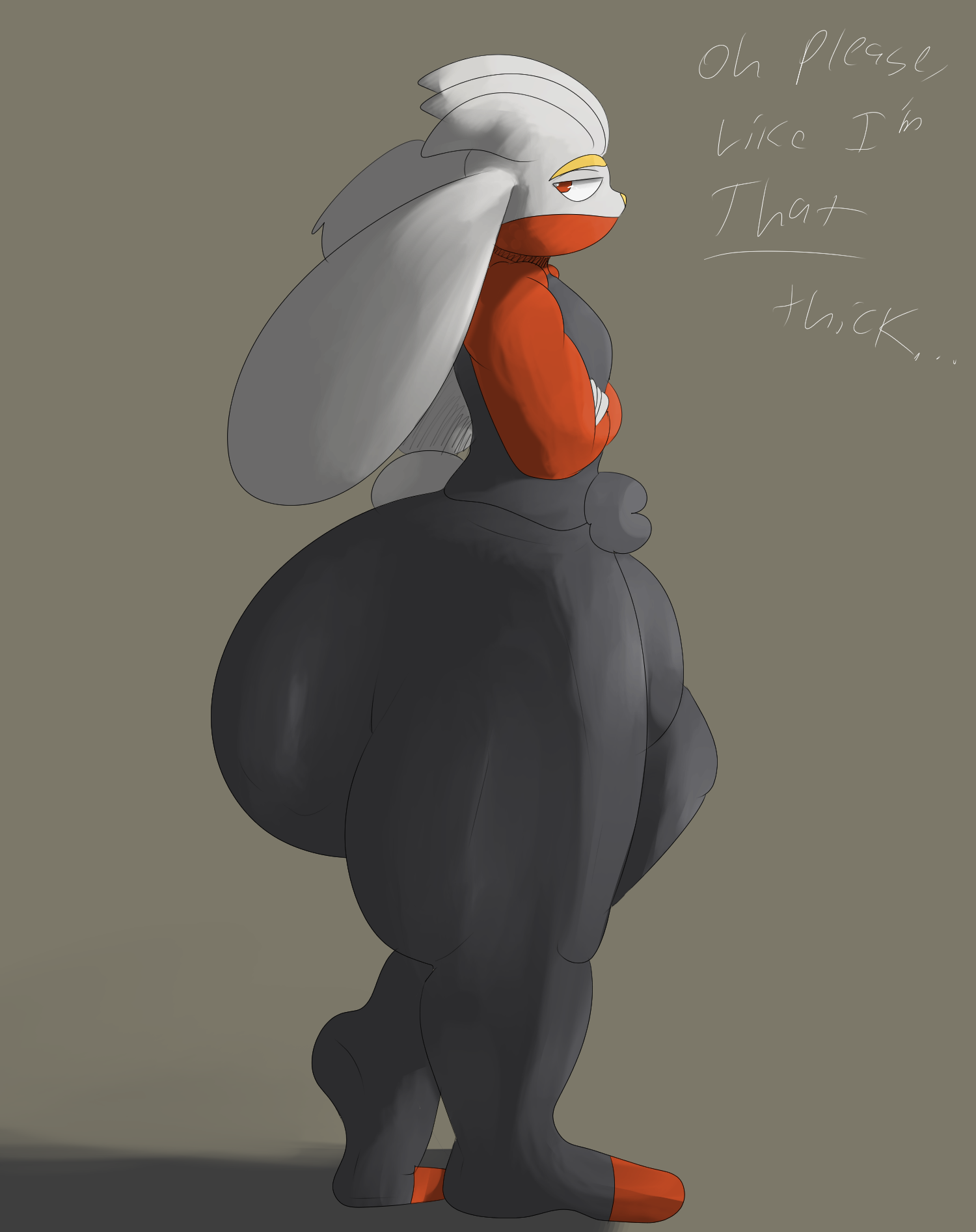 2025 anthro ass big_ass big_bulge big_butt black_bottomwear black_clothing black_eyebrows black_pants black_shirt black_topwear bottomwear bulge clothing colored dialogue digital_media_(artwork) ears_down english_text eyebrows femboy generation_8_pokemon grey_background hair hi_res huge_ass huge_butt huge_thighs lagomorph leporid looking_back male mammal multicolored_body nintendo pants pivoted_ears pleasantlyplumpthiccness pokemon pokemon_(species) rabbit raboot red_eyes scut_tail shaded shirt short_tail side_view simple_background solo tail text thick_thighs topwear white_ears white_hair white_tail yellow_nose