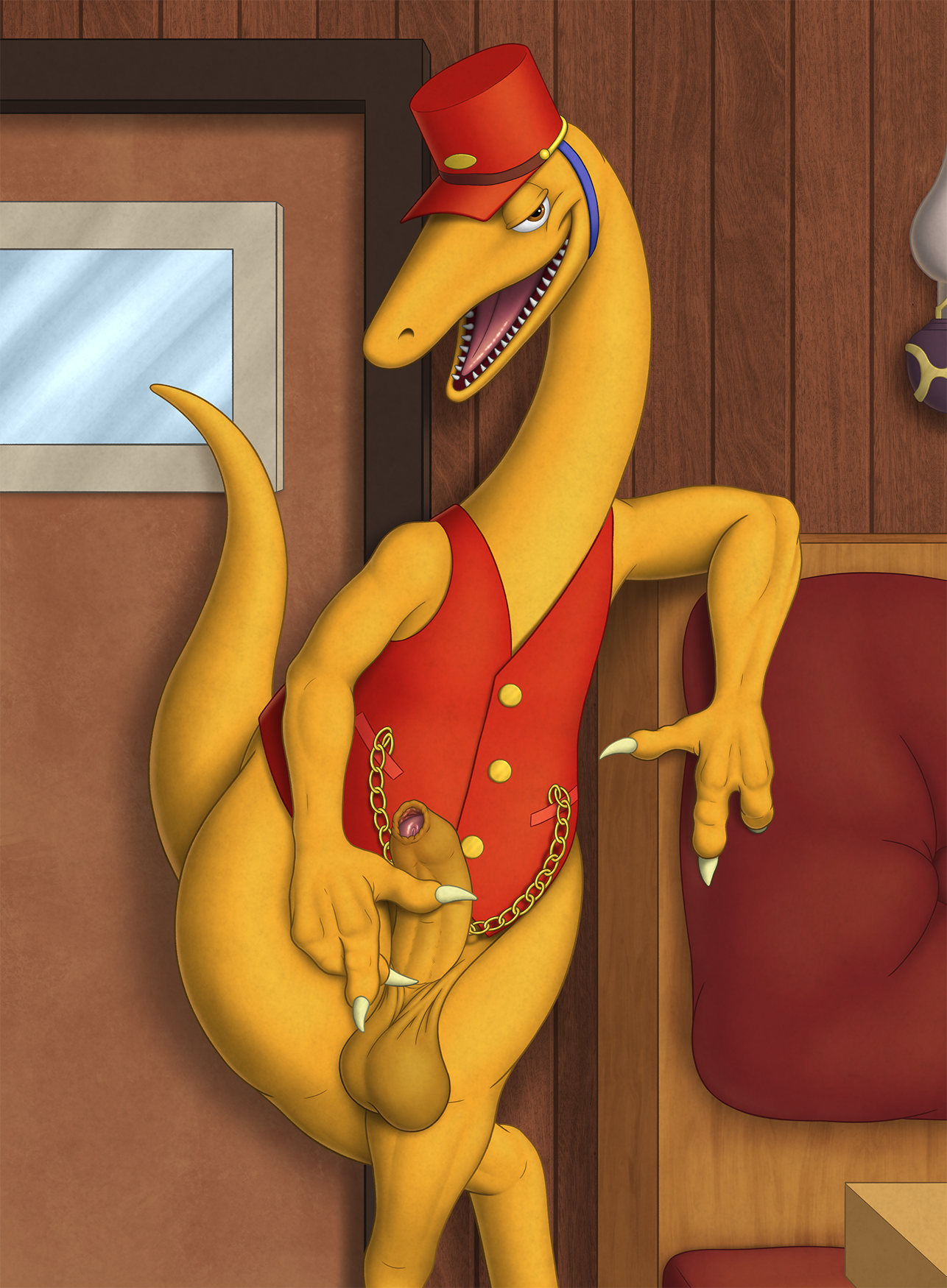 dinosaur train, hi res, anthro, balls, bottomless, claws, clothed, clothing...