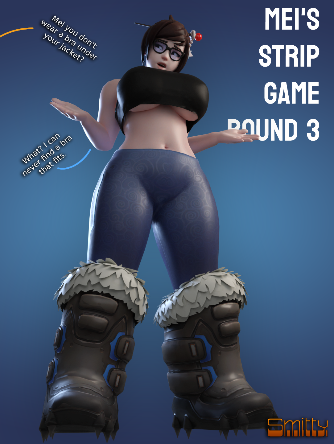 mei (overwatch), overwatch, 3d, 3d (artwork), blender (software), tagme, text, asian, asian female, belly, belly button, big breasts, glasses, large breasts, smitty34, sports bra, sportswear, strip game, thick thighs, underboob, 