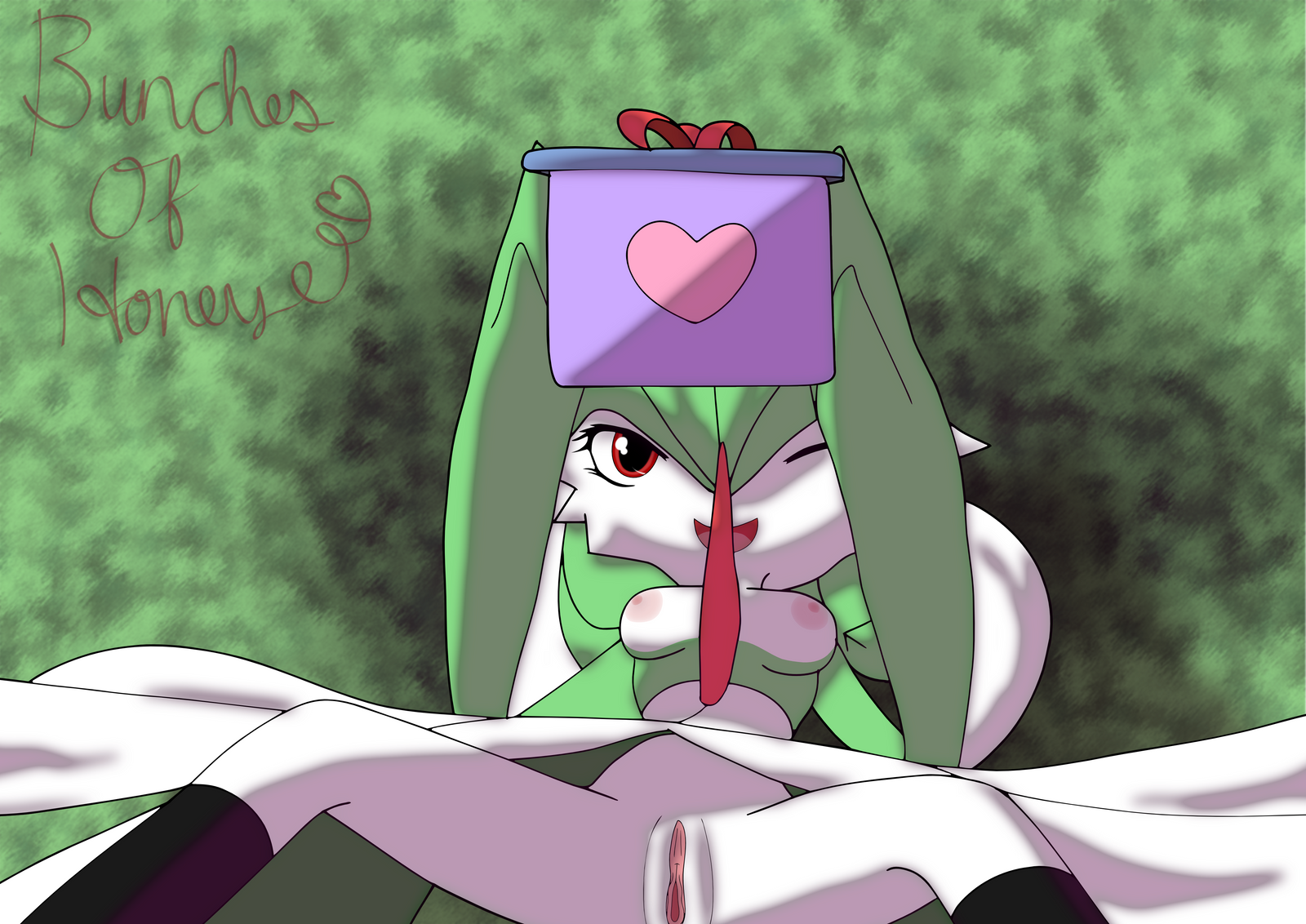 gardevoir, pokemon rse, buncheofhoney, female, green hair, large breasts, no humans, pokemon, presenting, pussy, red eyes, smile, solo, spread legs, wink, 