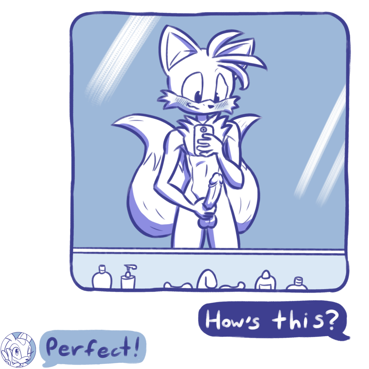 loshon, cream the rabbit, tails, sonic the hedgehog (series), 1:1, 2020, comic, digital media (artwork), english text, hi res, simple background, text, anthro, balls, biped, blush, canid, canine, cellphone, clothing, dick pic, erection, female, fingers, fox, fur, genitals, hair, handwear, humanoid penis, lagomorph, leporid, male, male only, mammal, mirror, multi tail, nude, penis, phone, rabbit, sexting, smile, solo, texting, video games, 