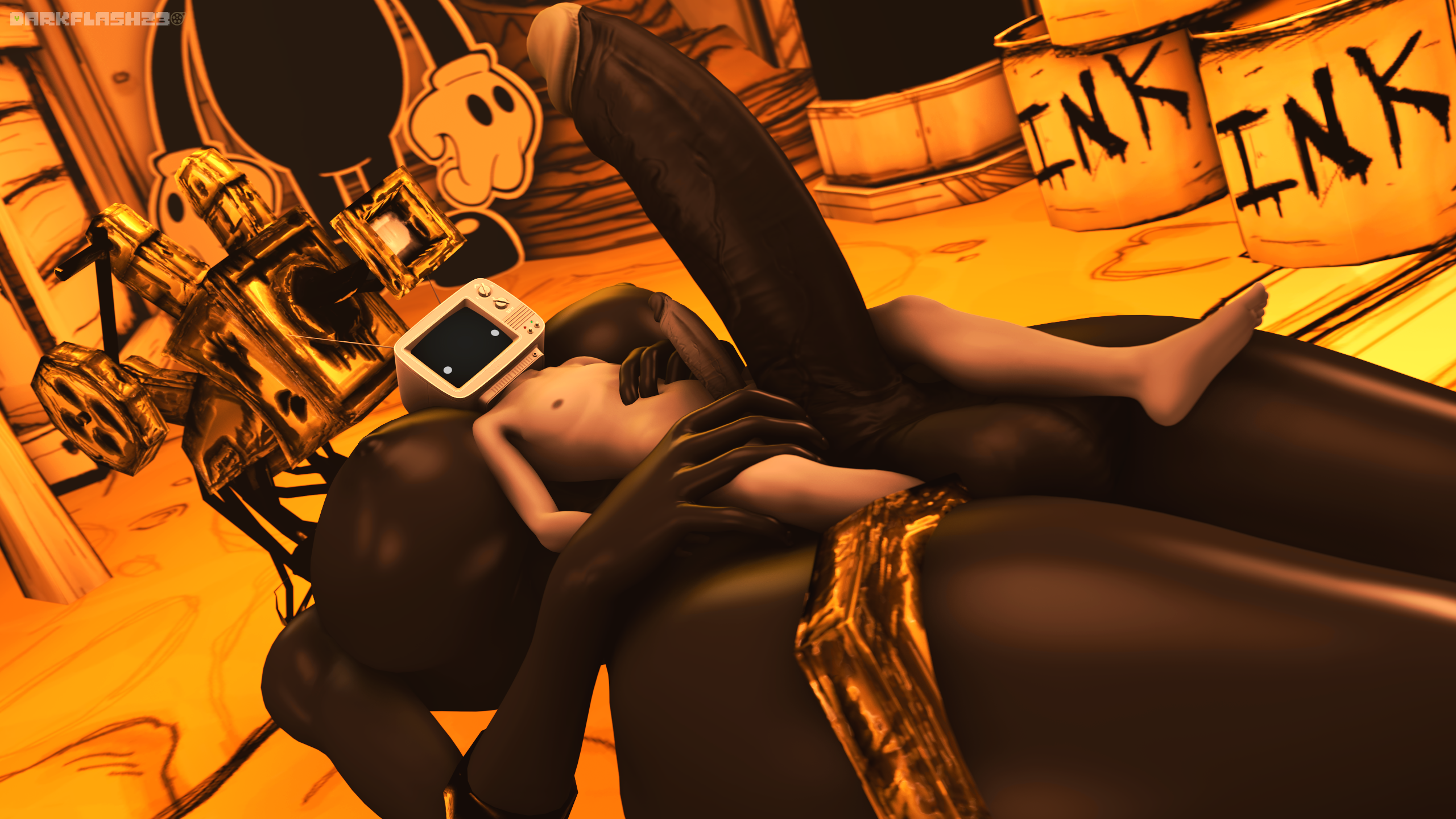 darkflash23, bendy and the ink machine, 3d (artwork), digital media (artwork), hi res, rule 63, source filmmaker, 2021, areola, artist name, balls, big balls, big breasts, big penis, black body, black skin, breasts, curvy figure, detailed background, duo, feet, fingers, for a head, genitals, goo creature, gynomorph, huge balls, huge breasts, huge cock, human, humanoid, ink, inside, intersex, intersex/male, larger gynomorph, larger intersex, lying, male, mammal, mtg crossgender, mti crossgender, nipples, not furry, nude, object head, on back, penis, size difference, smaller male, tan body, tan skin, the projectionist, thick thighs, toes, vein, veiny penis, video games, voluptuous, wide hips, 