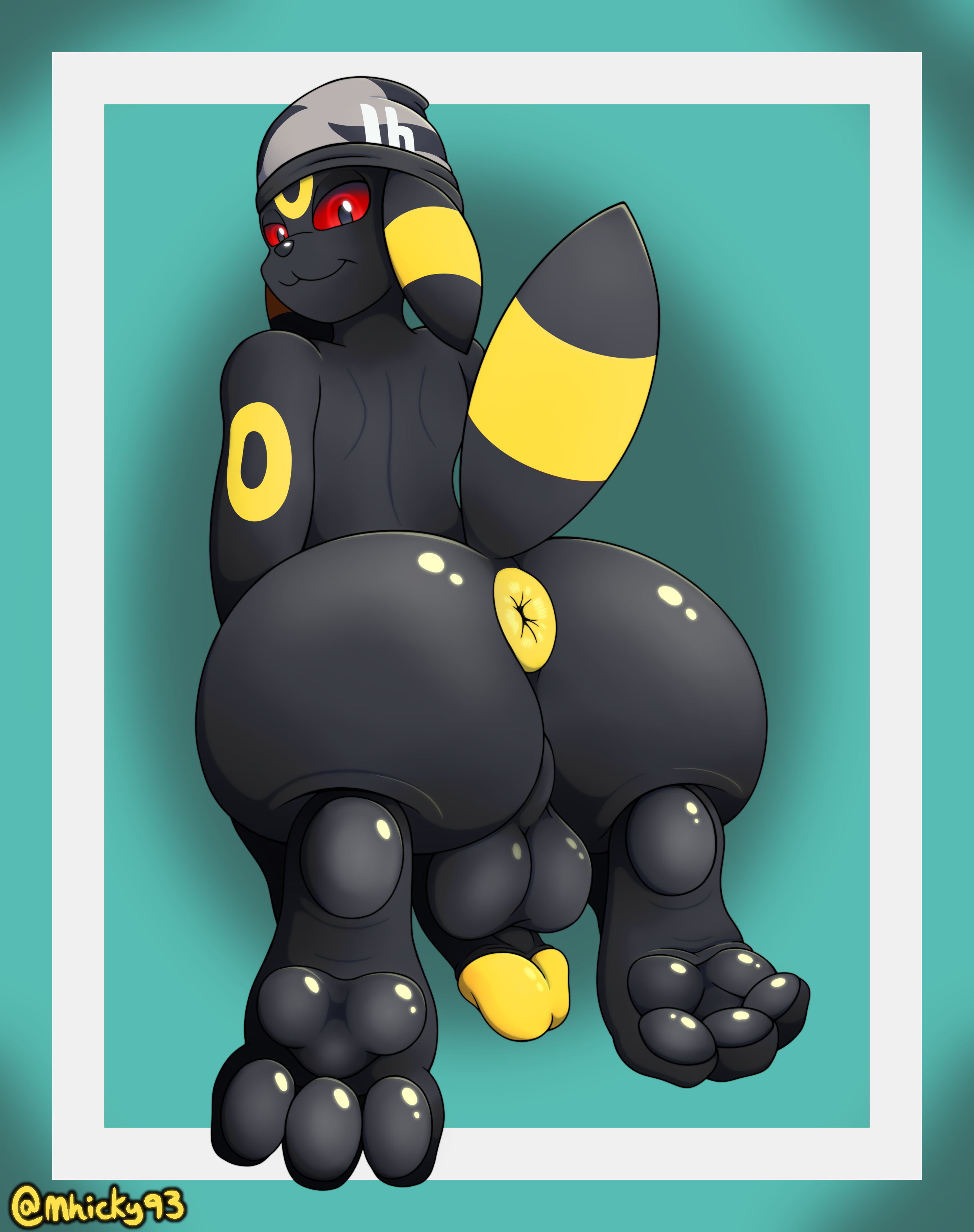 eeveelution, pokemon (species), umbreon, nintendo, absurd res, hi res, 3 toes, anthro, anus, ass, beanie, big butt, butt focus, clothing, feet, foot fetish, foot focus, generation 2 pokemon, hat, headgear, headwear, jack (jasperisnotcool), looking at viewer, looking back, male, male/male, mhicky93, pawpads, paws, pokemon, puffy anus, rear view, short tail, soles, solo, tail, toes, 