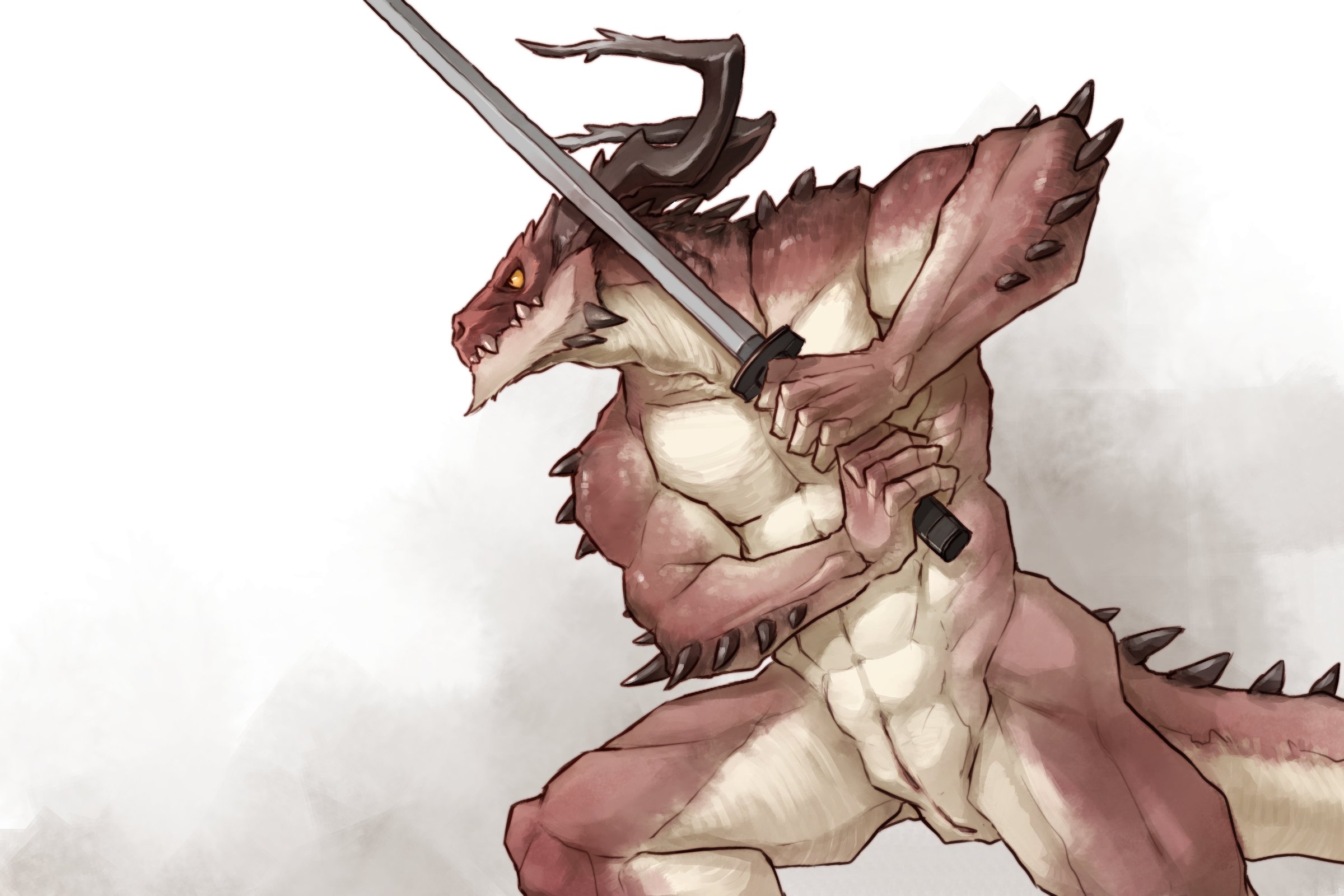 pngx (artist), hi res, pose, abs, animal genitalia, anthro, dragon, genital slit, holding sword, horn, male, male only, melee weapon, muscular, muscular male, nude, pecs, slit, solo, standing, sword, weapon, 