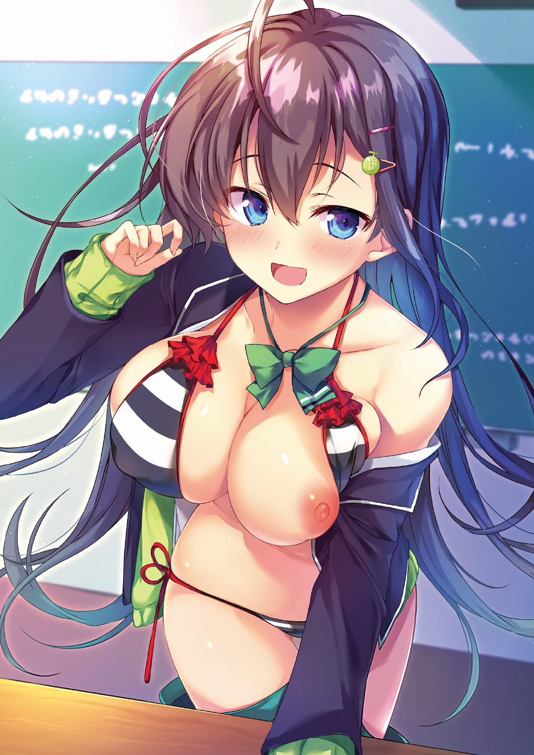 kaniya shiku, original, detexted, highres, third-party edit, :d, ahoge, areolae, arm up, bangs, bikini, black hair, black shirt, blue eyes, bow, breasts, chalkboard, classroom, cleavage, collarbone, covered nipples, desk, eyebrows visible through hair, frilled bikini top, gradient hair, green bow, green hair, green skirt, green sweater, hair ornament, hairclip, indoors, large breasts, long hair, multicolored hair, nipples, one breast out, open clothes, open mouth, open shirt, school desk, school uniform, shirt, side-tie bikini, skirt, skirt removed, smile, standing, striped, striped bikini, sweater, swimsuit, 