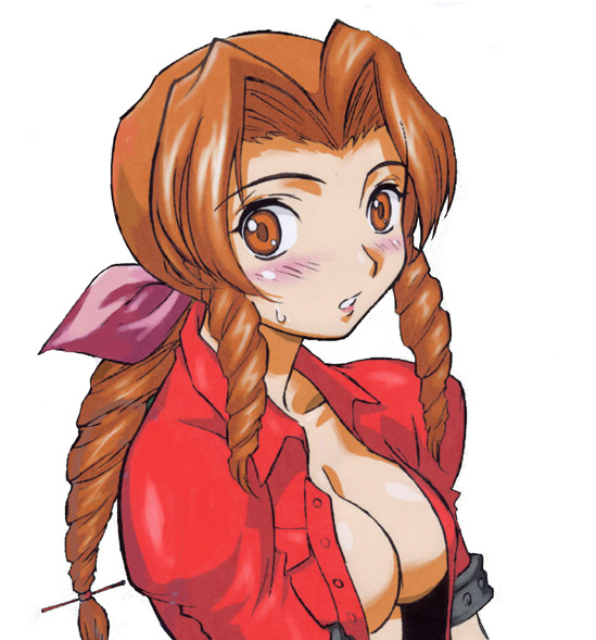 kiriyama taichi, aerith gainsborough, final fantasy, final fantasy vii, blush, brown eyess, brown hair, cleavage, female, female only, human, solo, sweat drop, 