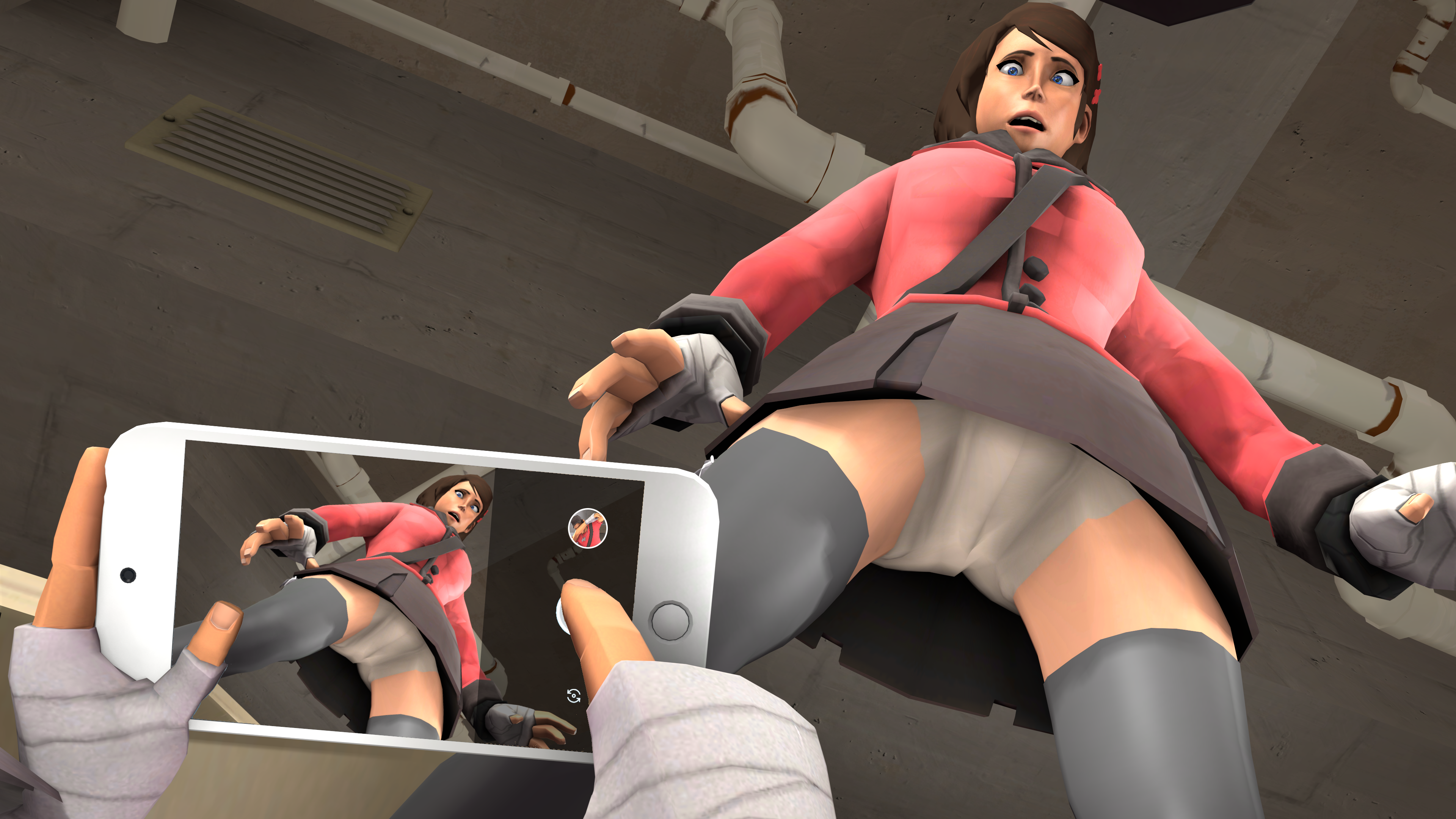 femscout, scout, scout (team fortress 2), sfm, source filmmaker, tagme, accidental nudity, blue eyes, brown hair, ch3rryry3, eyelashes, female, gloves, handbag, long hair, panties, pantyshot, phone, poster, scared, shocked, skirt, taking picture, tf2, upskirt, white panties, 