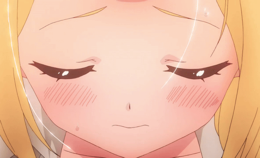 1boy 2022 20s animated animated_gif blonde_hair blush breasts cleavage closed_eyes collarbone enome female futoku_no_guild huge_breasts male mature_female naked_shirt no_bra shirt sweat tagme white_shirt