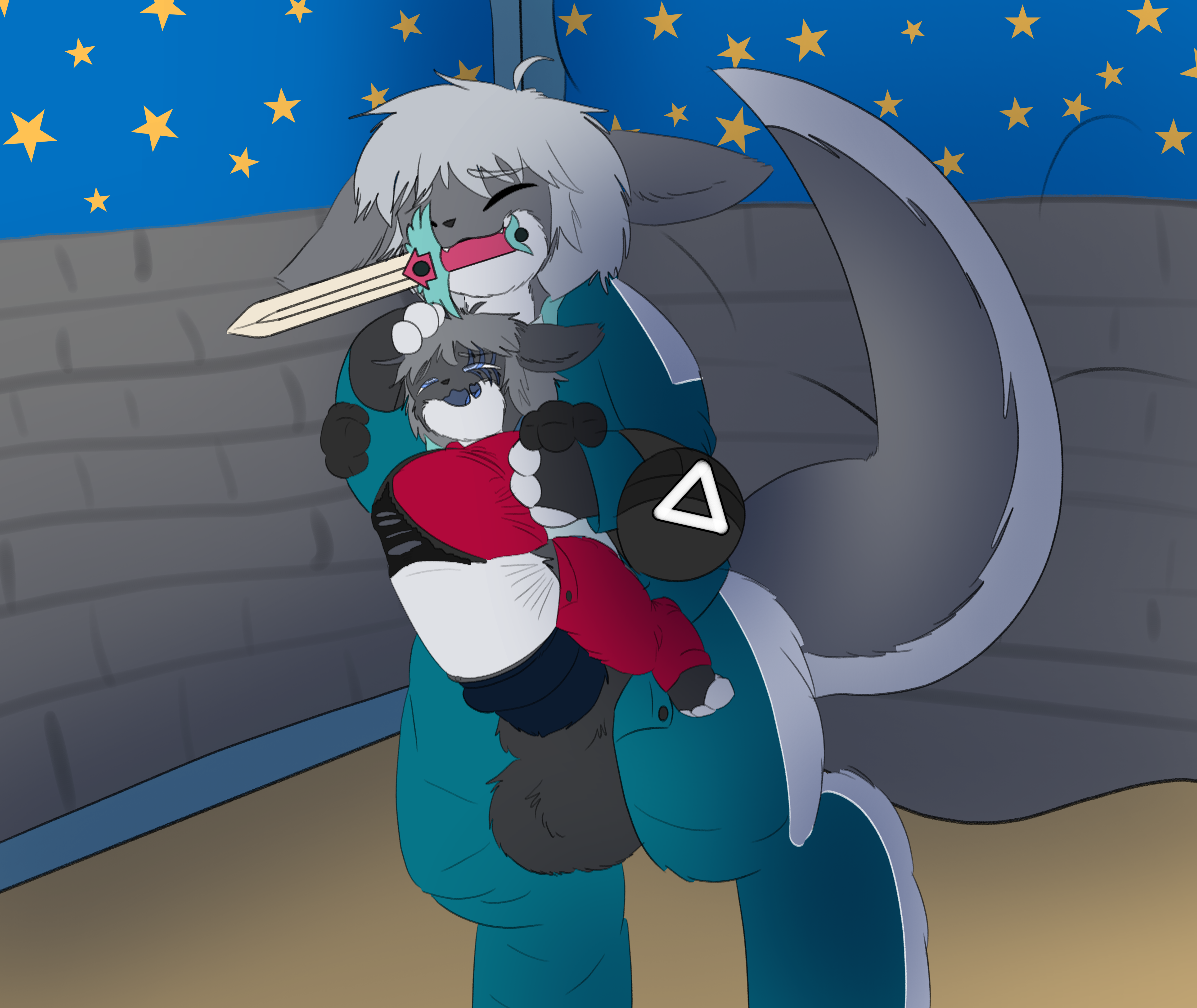 absurd_res anthro baishu balls big_penis brick brother_(lore) brother_and_sister_(lore) by_moan clothing costume detailed_background duo ears_down fan_character fangs female genitals gloves halloween halloween_costume handwear hi_res holding_head holding_object holding_weapon holidays huge_cock lagomorph leporid made_in_abyss male male/female mammal mask mask_off narehate open_mouth penetration penis pivoted_ears rabbit sato_(kabsfy) sex sibling_(lore) sister_(lore) size_difference squid_game star stomach_bulge teeth toy vaginal_penetration weapon