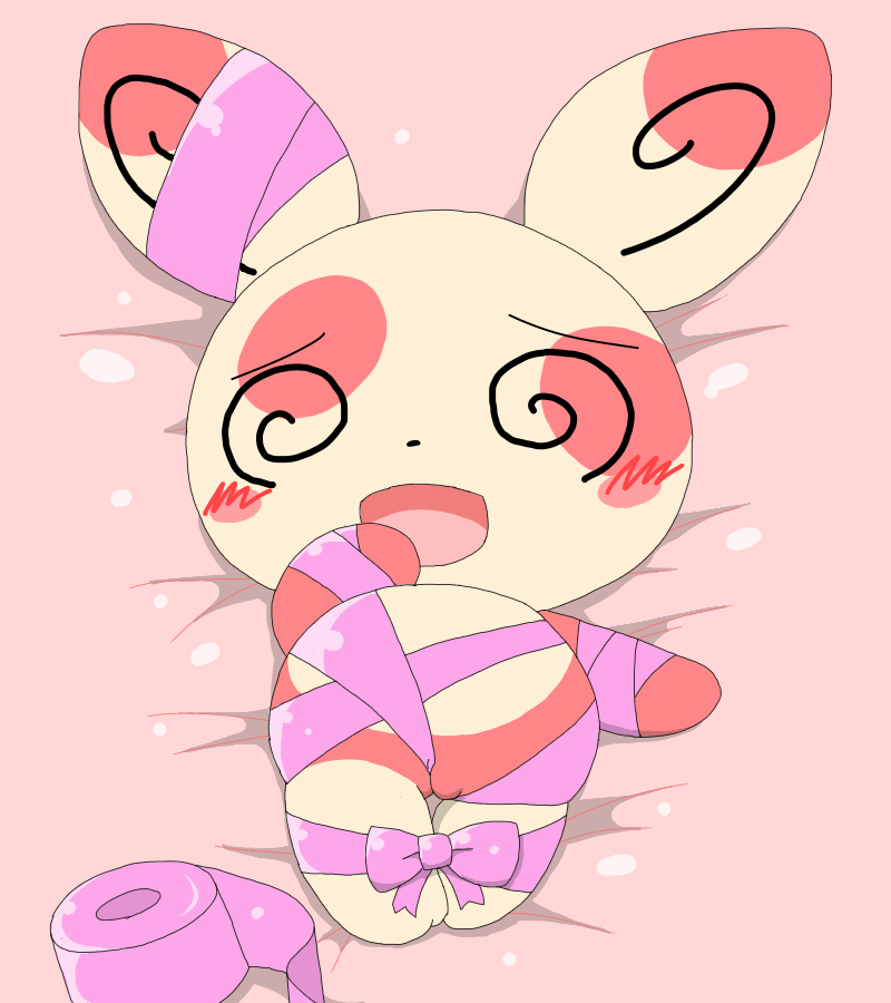 tatwuyan, spinda, nintendo, pokemon rse, 2013, 1girls, blush, bondage, brown fur, duct tape, feet, female, female only, feral, fur, furry, lying, nude, on back, open mouth, panda, paws, pokemon, pussy, red fur, solo, spiral eyes, tape, tape bondage, video games, 