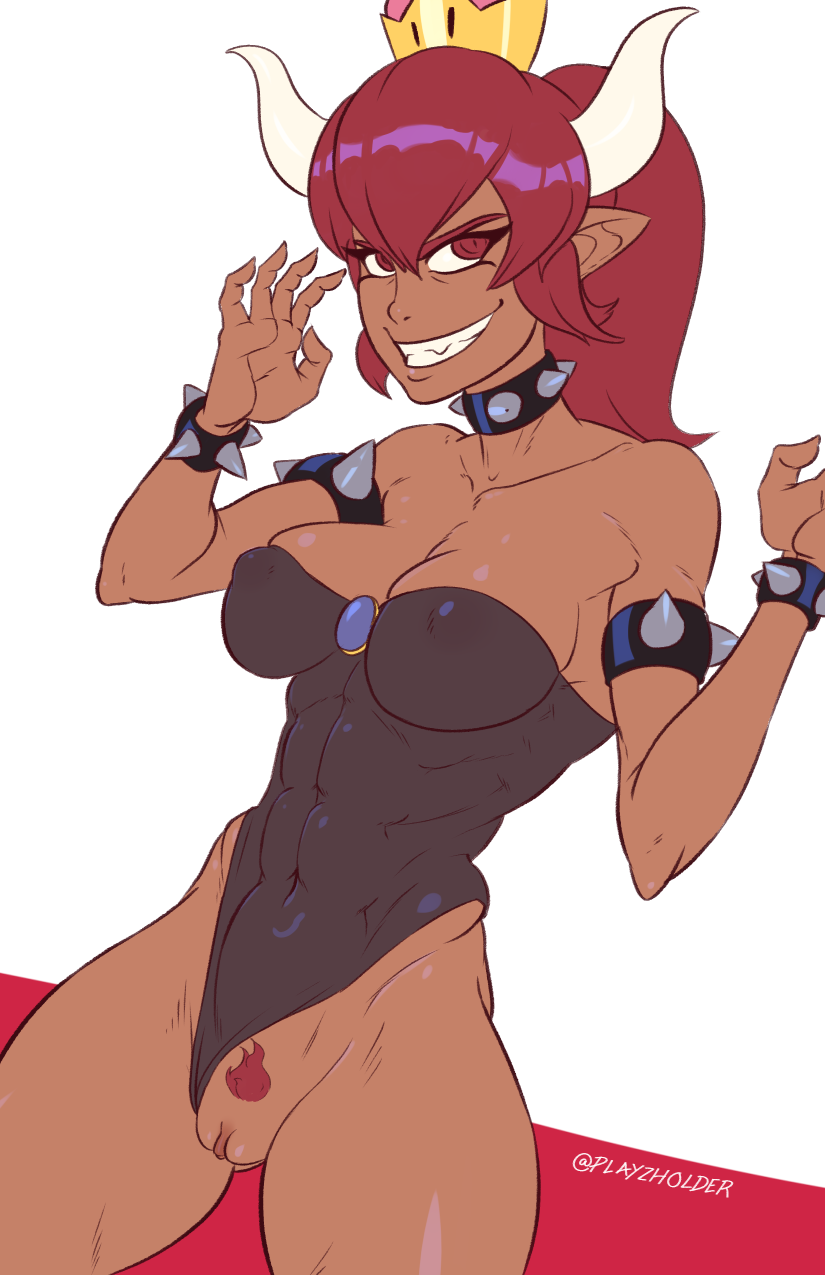 playzholder, bowser, bowsette, nintendo, super mario bros., rule 63, 1girls, abs, big breasts, bracelet, breasts, clothing, collar, crown, dark-skinned female, dark skin, exposed pussy, female, female only, hair, horn, leotard, leotard aside, pussy, red hair, solo, spiked bracelet, spiked collar, super crown, video games, 