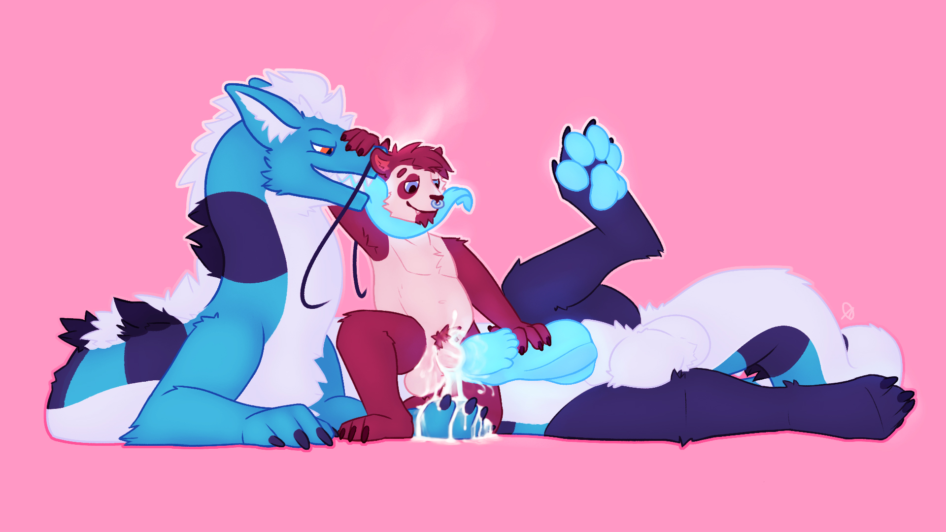 mythology, 16:9, hi res, pink background, simple background, anthro, anthro on feral, asian mythology, balls, barbel (anatomy), big balls, blue body, blue eyes, blue fur, blue pawpads, blue penis, blue tongue, bodily fluids, claws, cum, cum in penis, cum inside, cum on ground, cum on hand, dragon, duo, east asian mythology, eastern dragon, facial hair, facial piercing, felix (noodle), felixdragon, feral, forked tongue, fur, furred dragon, genital fluids, genitals, giant panda, goatee, hair, half-closed eyes, inner ear fluff, interspecies, knot, larger feral, larger male, long body, male, male/male, mammal, multicolored body, multicolored fur, narrowed eyes, nose piercing, nose ring, nude, orange eyes, pawpads, penetration, penile, penile penetration, penis, penis in penis, piercing, pubes, red body, red fur, renard savira, sharp teeth, size difference, slightly chubby, smaller anthro, smaller male, smile, smoke, teeth, tongue, tongue out, tuft, two tone body, two tone fur, urethral, urethral penetration, ursid, white body, white fur, white hair, widescreen, zoophilia, 