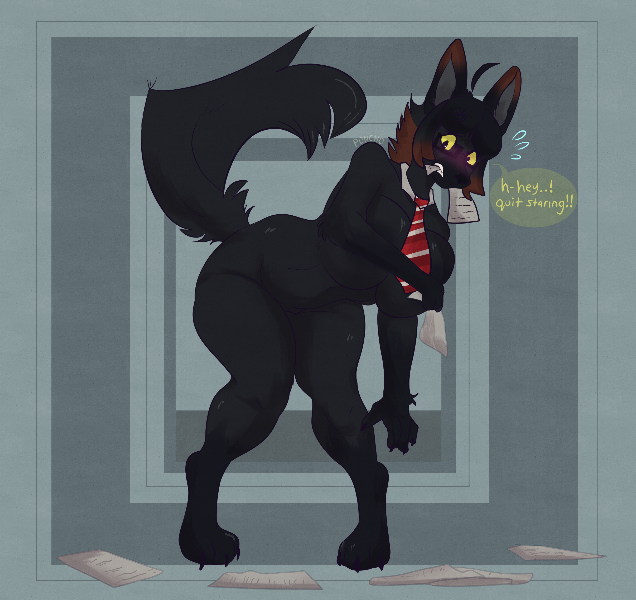 hi res, anthro, bent over, big breasts, breasts, canid, canine, covering, covering breasts, crookedponcho, female, mammal, maned wolf, necktie, paper, ruby (crookedponcho), solo, thick thighs, 