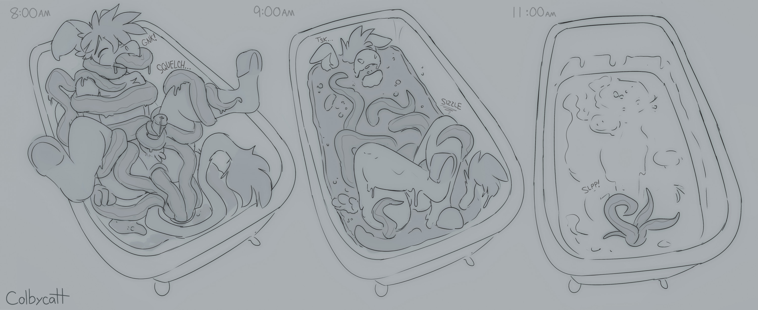 digital drawing (artwork), digital media (artwork), greyscale, hi res, monochrome, sound effects, story in description, text, 2025, ambiguous gender, anal, anal sex, anthro, artist name, asinus, bathtub, bodily fluids, closed eyes, colbycat, cum, cum drip, death, digestion, donkey, dripping, duo, english description, equid, equine, external digestion, fatal vore, genital fluids, genitals, hooves, humanoid genitalia, humanoid penis, male, male only, mammal, nude anthro, nude male, onomatopoeia, oral, oral penetration, penetration, penis, restrained, restrained by tentacles, sequence, sex, story, tail, tentacle, tentacle around penis, tentacle creature, tentacle in ass, tentacle in mouth, tentacle on male, tentacle penetration, tentacle rape, tentacle sex, time, unusual vore, vore, 