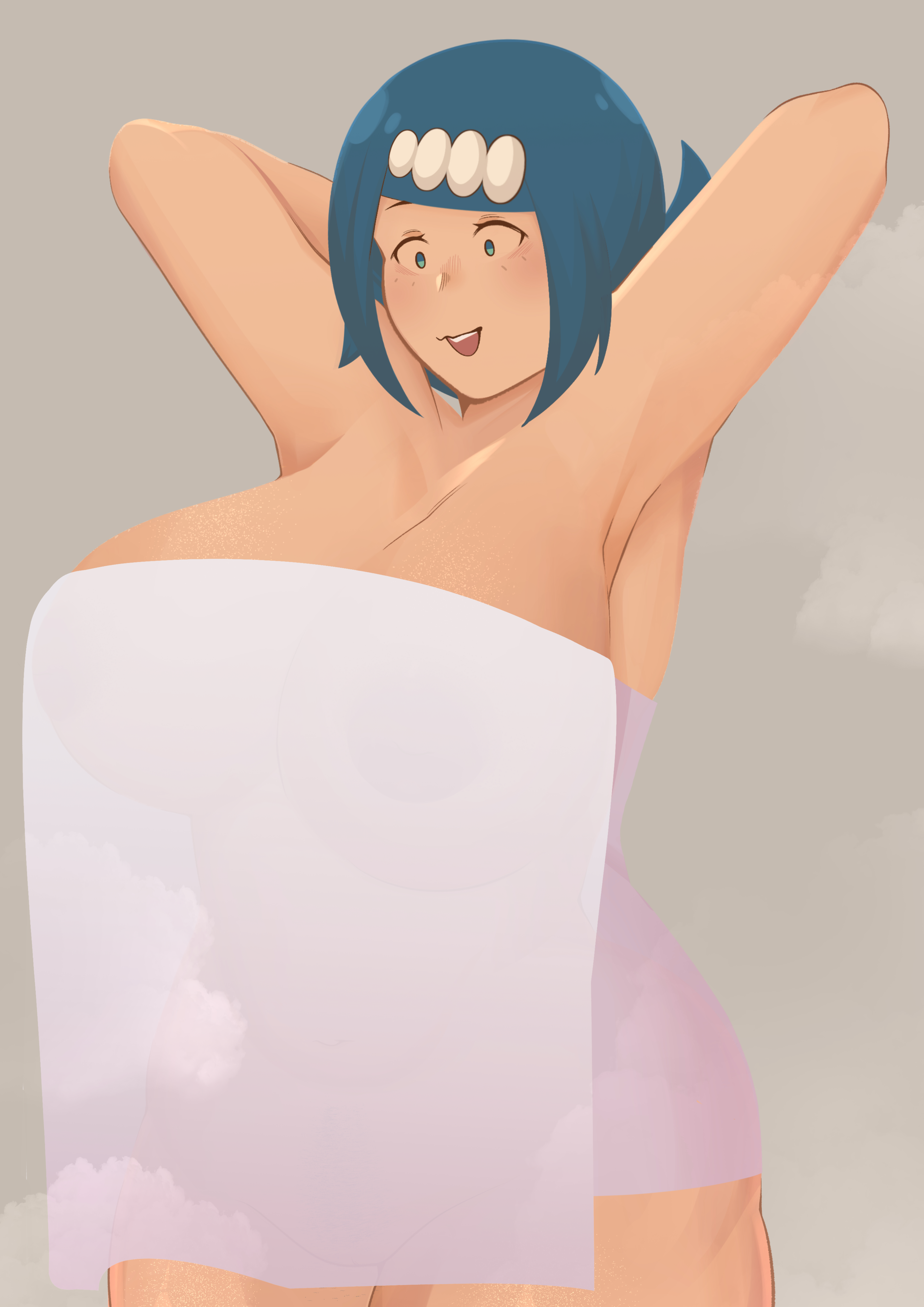 nintendo, pokemon sm, hi res, highres, 1girls, big breasts, blue eyes, blue hair, blush, breasts, erion048, female, female only, freckles, hair ornament, mature, mature female, milf, pokemon, solo, solo female, tied hair, towel, 