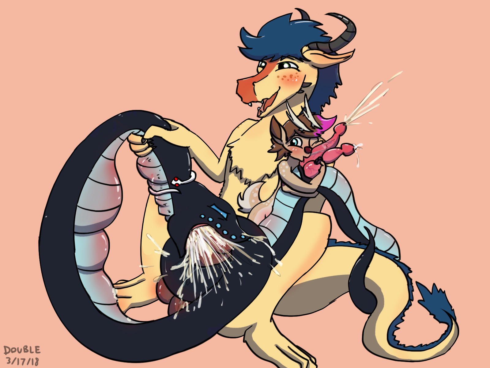 blush, cervine, cum, deer, dragon, fellatio, male, mammal, oral, reptile, scalie, sex, snake, yaoi, 