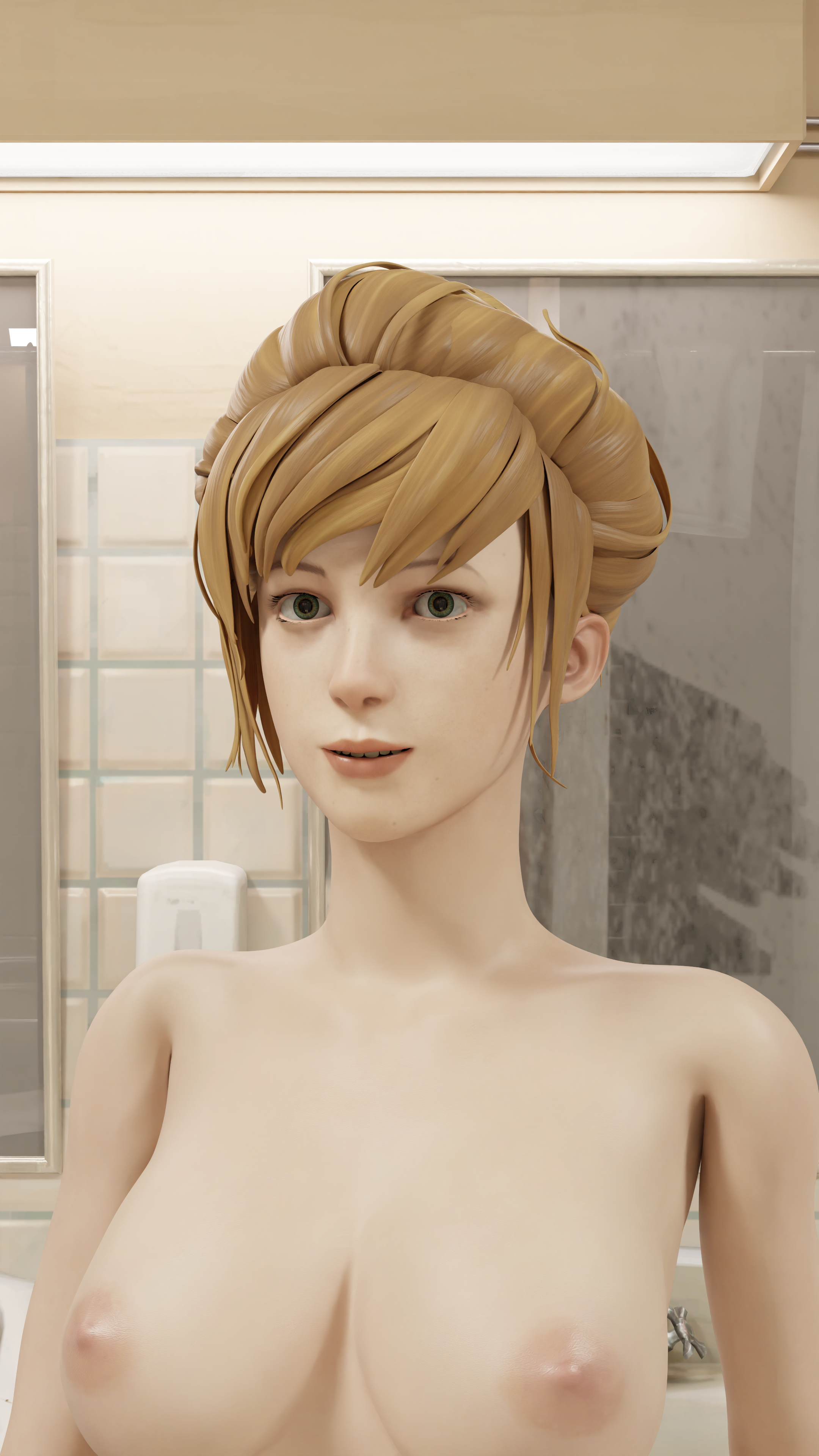 kate marsh, life is strange, 3d, blender (software), extremely large filesize, high resolution, large filesize, tagme, very high resolution, areolae, bathroom, blonde hair, breasts, female, female only, green eyes, large breasts, lips, looking at viewer, nipples, nude, solo, tied hair, upper body, 