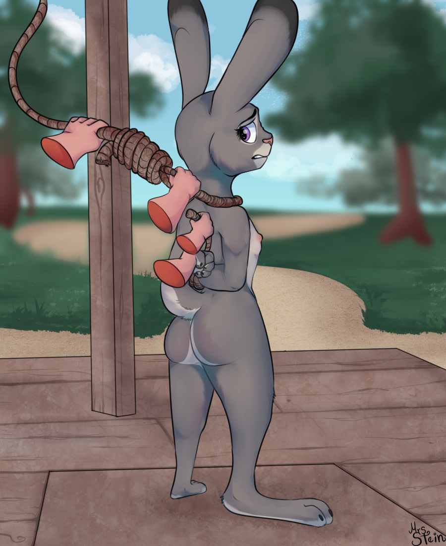 2022 3_toes 5_fingers anthro arms_tied ass biped blurred_background bound clenched_teeth cloud detailed_background disembodied_hand disney eyebrows feet female fingers flat_chested fur grass grey_body grey_fur hands_behind_back imminent_death imminent_hanging judy_hopps lagomorph leporid mammal mrs._stein nipples noose nude plant purple_eyes rabbit raised_inner_eyebrows scared signature sky solo tail teeth toes trapdoor tree zootopia
