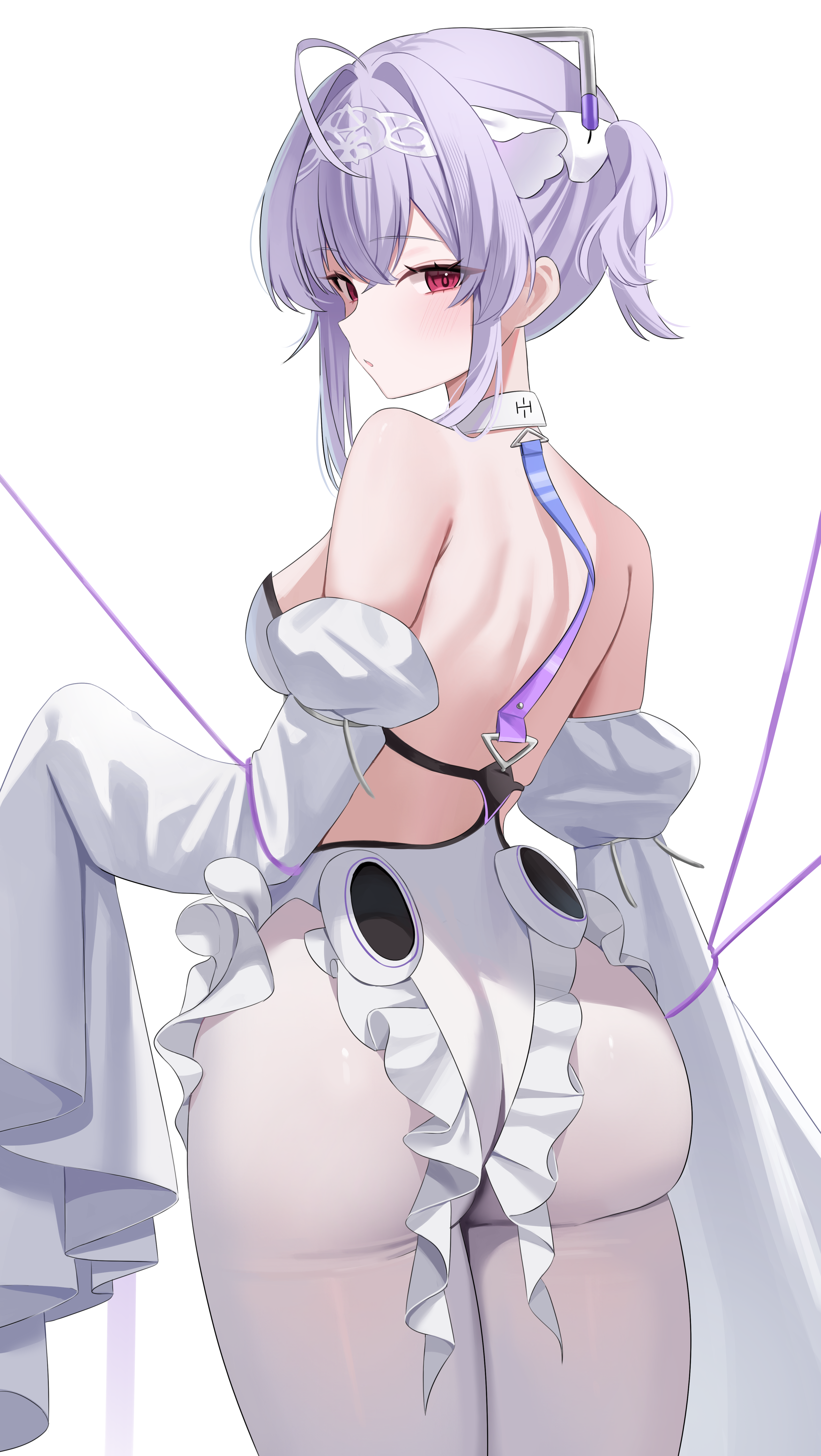 ahoge ass backless_leotard bare_shoulders breasts crossed_bangs detached_sleeves female frilled_leotard frills from_behind goddess_of_victory:_nikke hair_between_eyes huge_ass juliet_sleeves leotard liberalio_(nikke) long_sleeves looking_at_viewer looking_back medium_breasts nannung one_side_up pantyhose puffy_sleeves purple_hair red_eyes short_hair shoulder_blades simple_background sleeves_past_fingers sleeves_past_wrists solo standing strapless strapless_leotard very_long_sleeves white_background white_leotard white_pantyhose