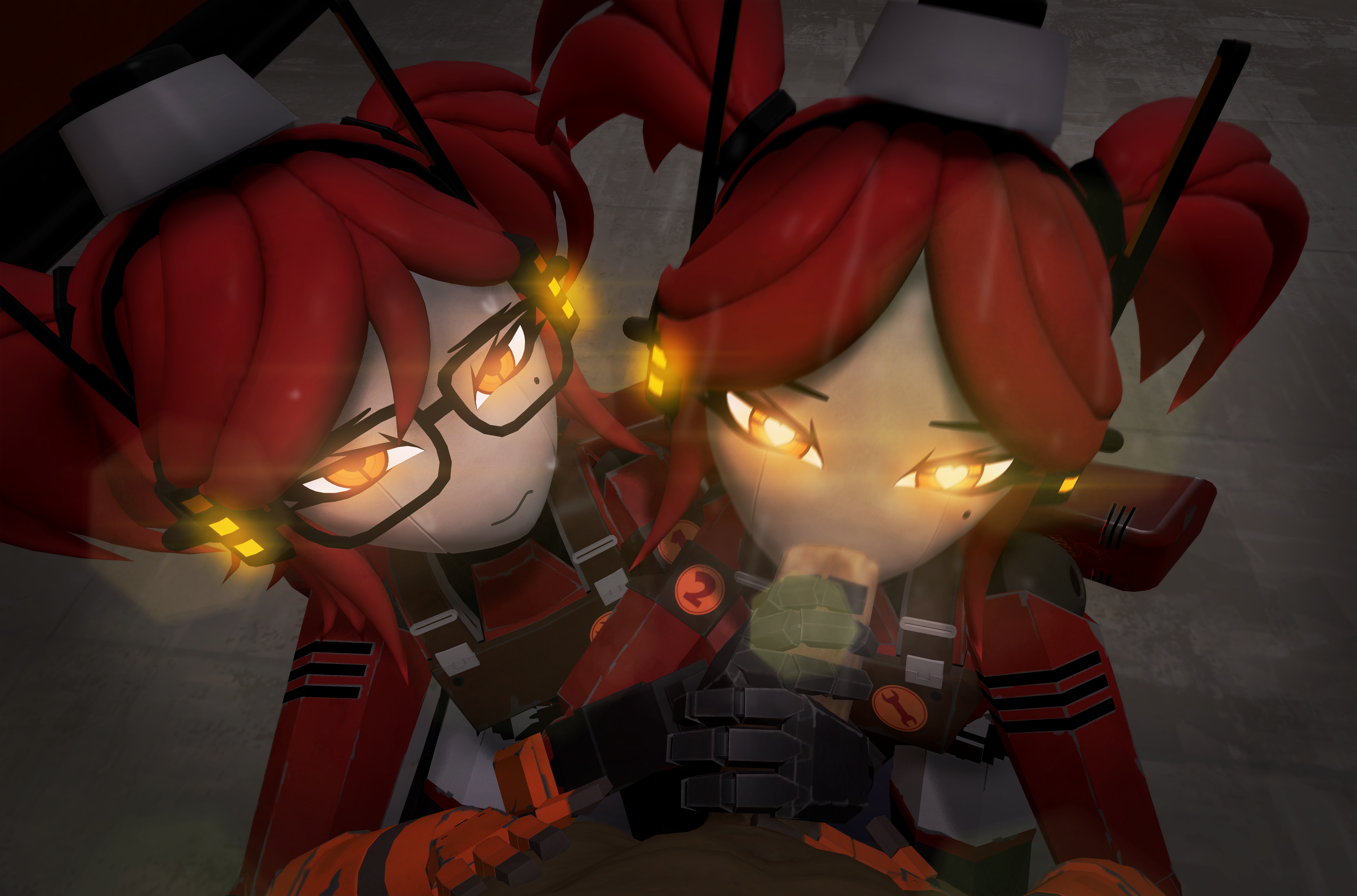 2girls alternate_version_available blowwjob flash garry's_mod glasses hands_on_cock heart-shaped_pupils holding_penis lens_flare light lisedoub mesugaki mocking nerd nervous nervous_face nervous_sweat red_body red_hair robot robot_girl robot_humanoid smiling smiling_at_viewer tagme team_fortress_2 teleporter_(team_fortress_2) teleporter_twins_(team_fortress_2) twins upgrades white_face yellow_eyes